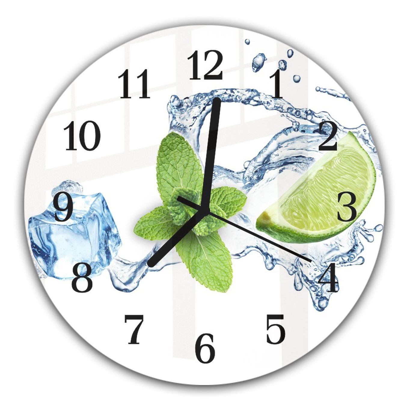 30 - Glas auf Durchmesser Splash mit Wasser Motiv cm und Wanduhr aus Limetten Rund Quarzuhrwerk Primedeco mit Wanduhr