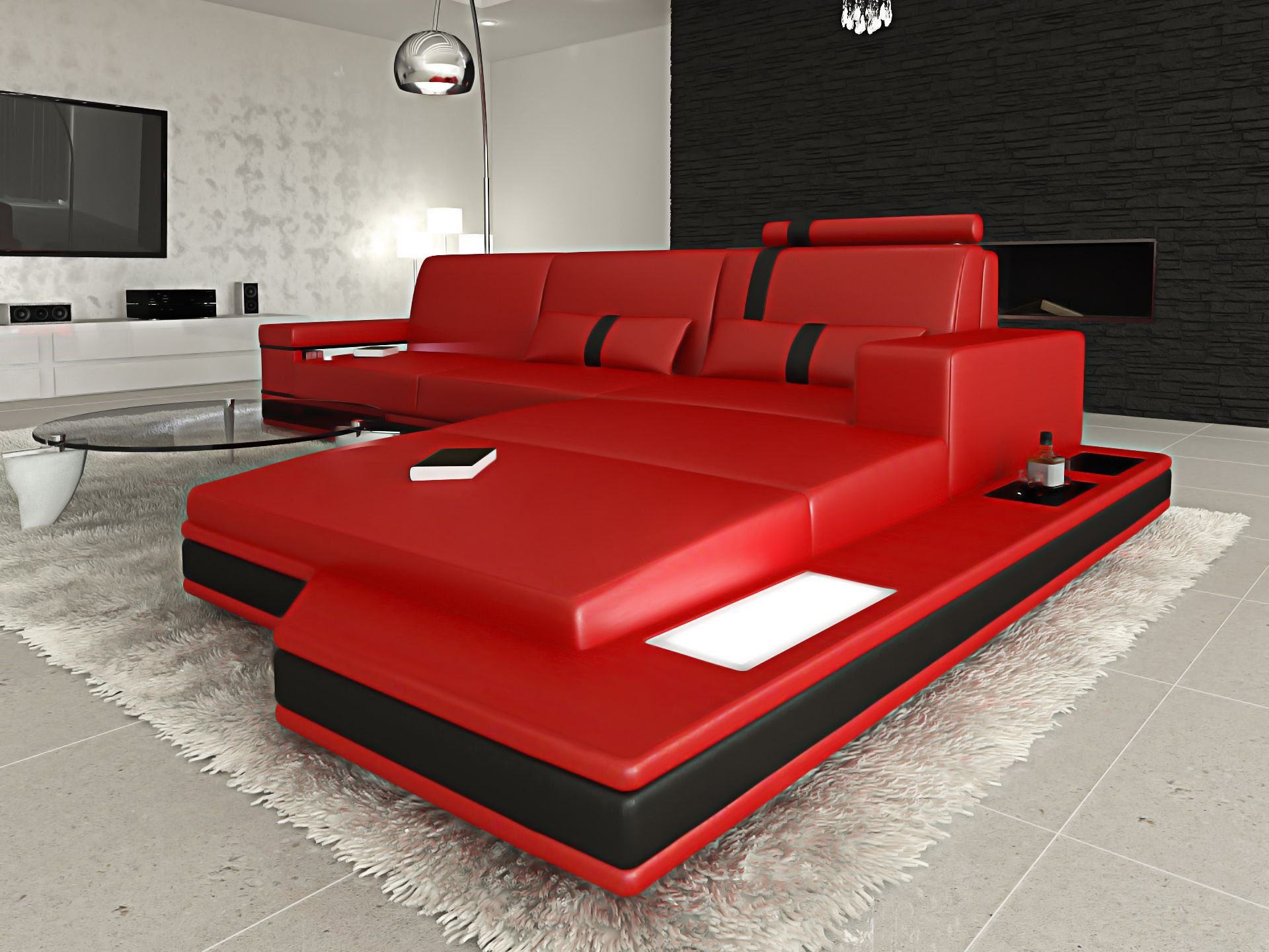 Sofa Dreams Ecksofa Messana - L Form Ledersofa, Couch, mit LED, wahlweise  mit Bettfunktion als Schlafsofa, Designersofa