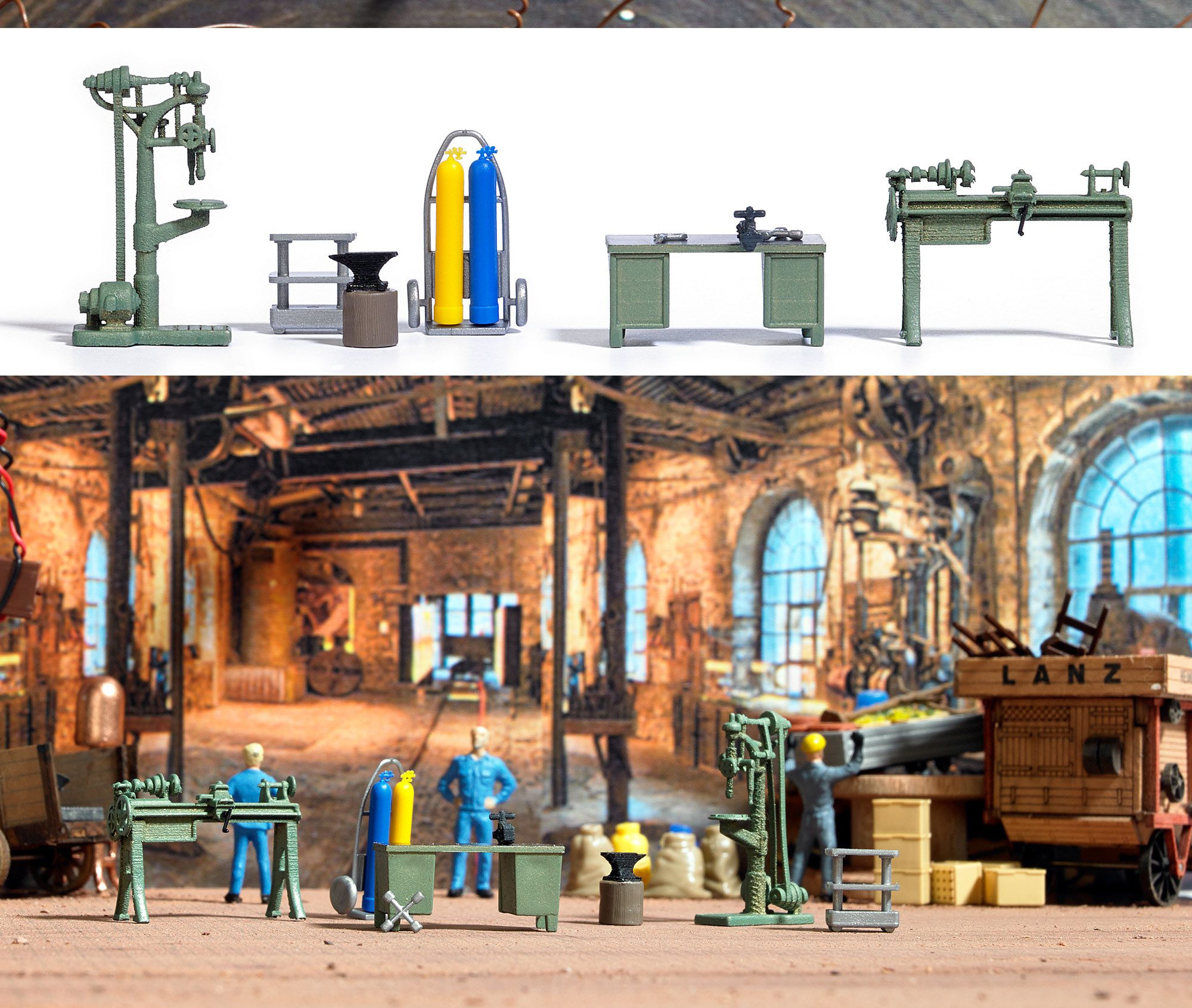 Busch Modelleisenbahn-Baustelle Busch H0 1185 Handwerker-Werkstatt - Inneneinrichtung-Set mit Masc...