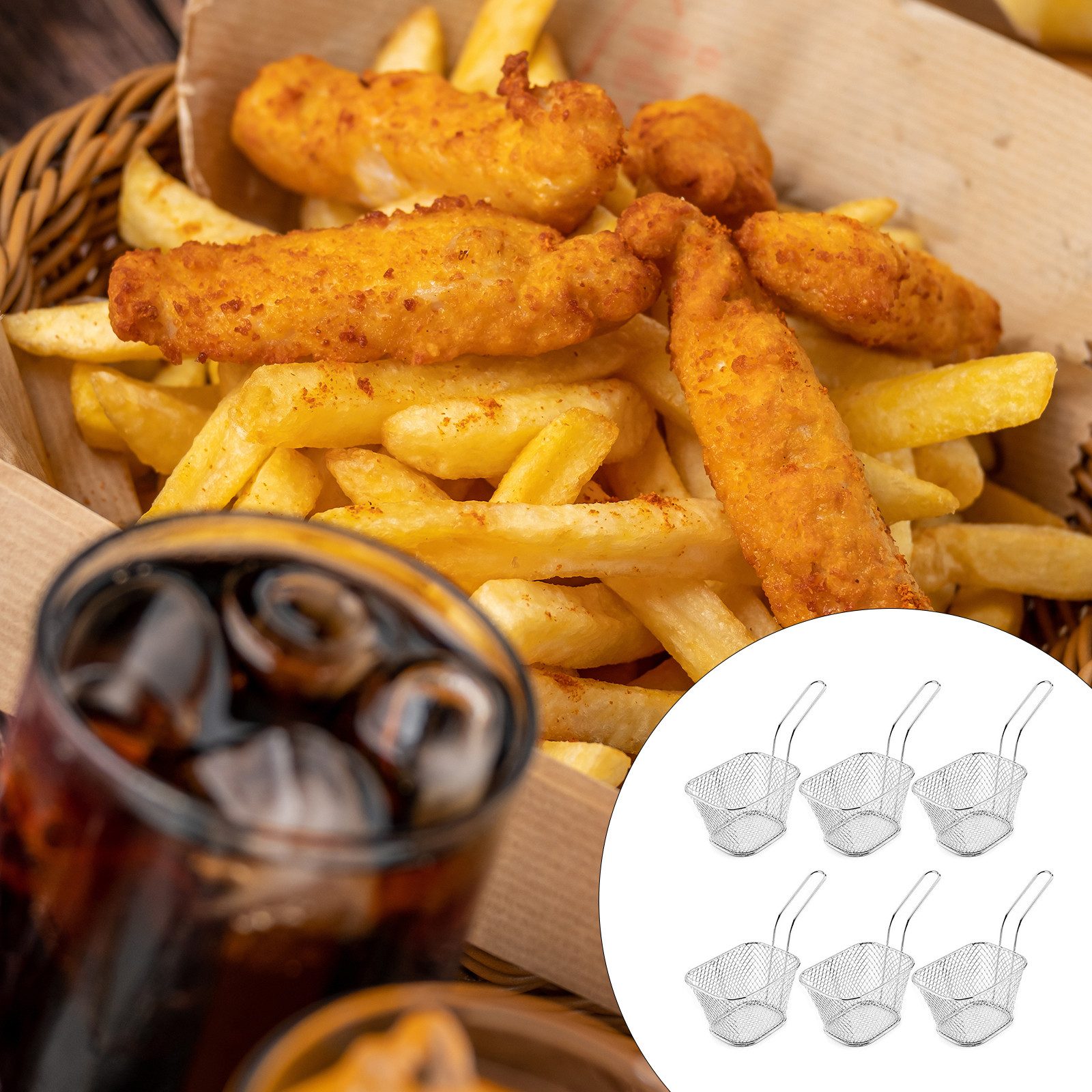 REDOM Frittiereinsatz Frittierkorb 12er Set Mini Servierkörbe Pommeskorb Frittiernetz, (Küchenzubehör Edelstahl für Pommes Snacks Beilagen hitzebeständig, 12-tlg), Frittierkorb eckig mit Henkel ideal für Küche Restaurant Party