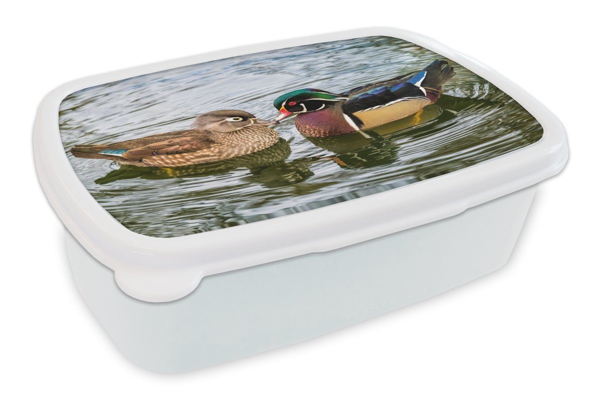 MuchoWow Lunchbox Ente - Vögel - Wasser - Federn - Tiere, Kunststoff, (2-tlg), Brotbox für Kinder und Erwachsene, Brotdose, für Jungs und Mädchen weiß