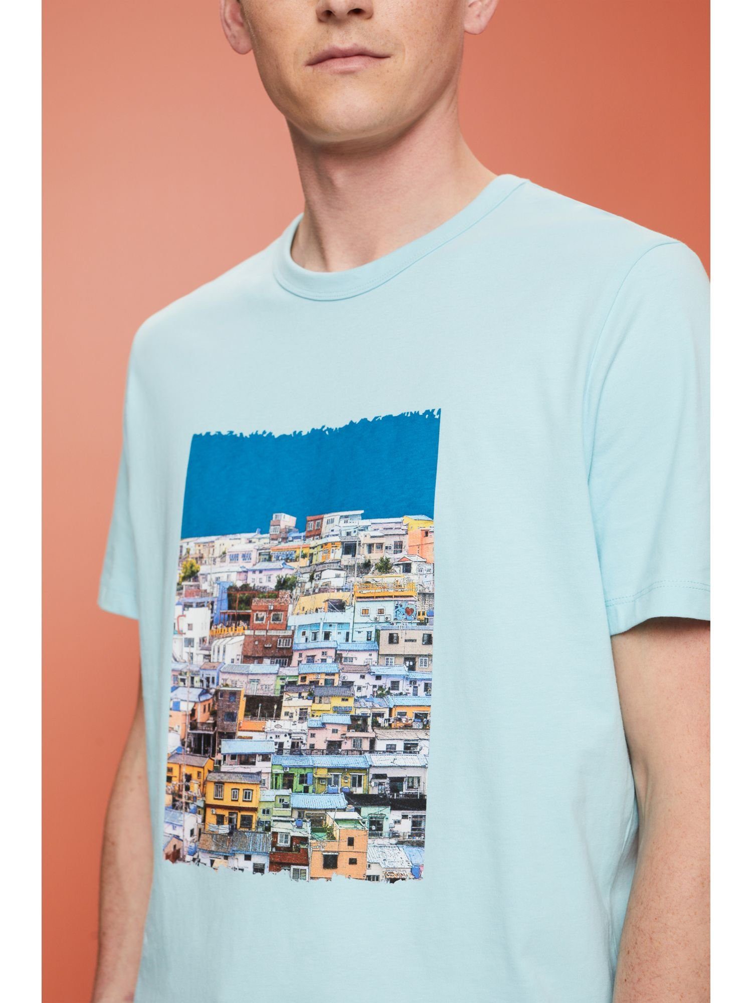 (1-tlg) TURQUOISE T-Shirt Baumwolle Jersey-T-Shirt, Bedrucktes 100 % LIGHT Esprit