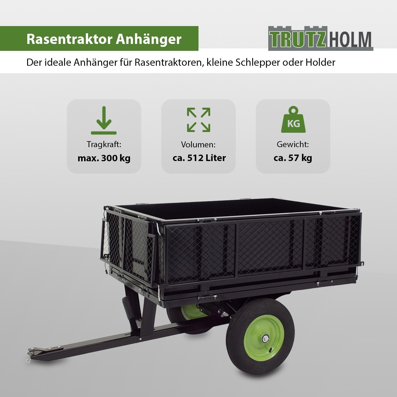 TRUTZHOLM Rasentraktoranhänger Rasentraktor Anhänger Kippanhänger 300 kg kippbar mit Kupplung