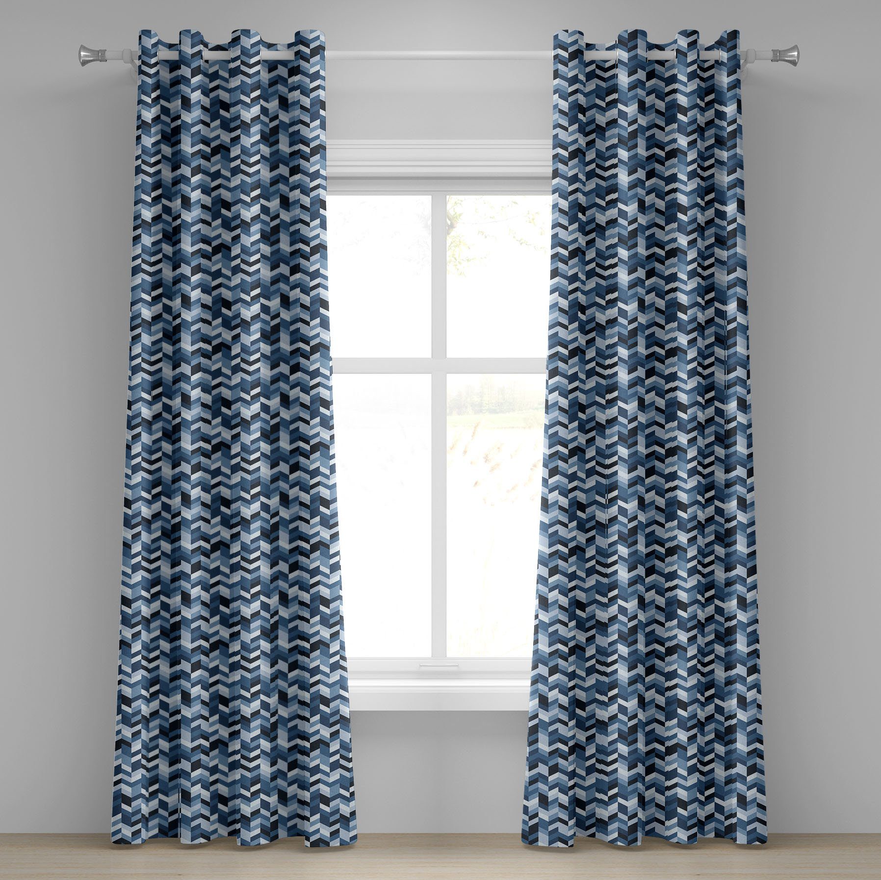 Gardine Dekorative 2-Panel-Fenstervorhänge für Schlafzimmer Wohnzimmer, Abakuhaus, Schiefer-Blau Zick-Zack-Linien Twisty