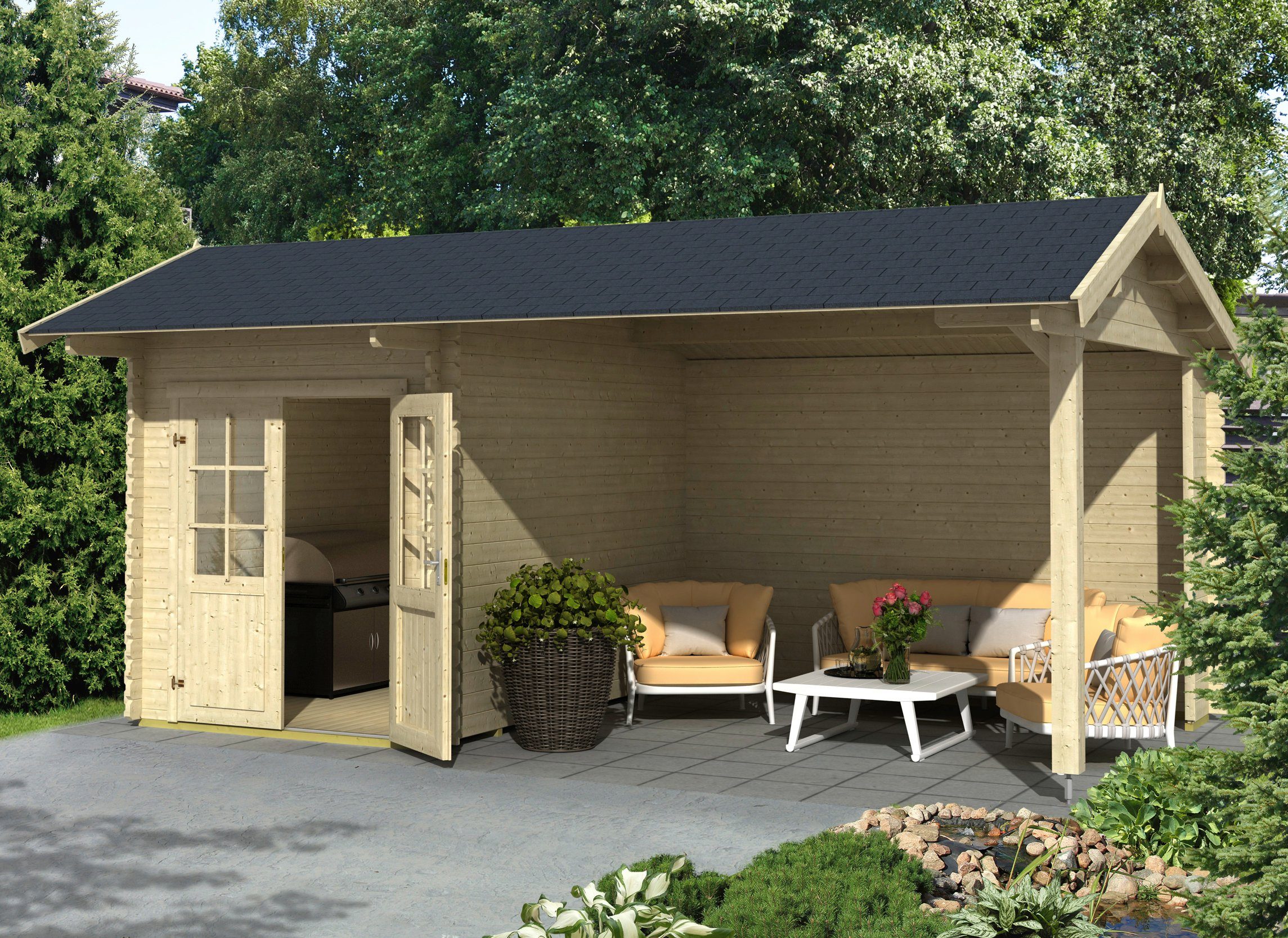 LASITA MAJA Gartenhaus Kenzo 300, BxT: 580x389 cm, (Set), Blockbohlenhaus 34mm mit Anbau