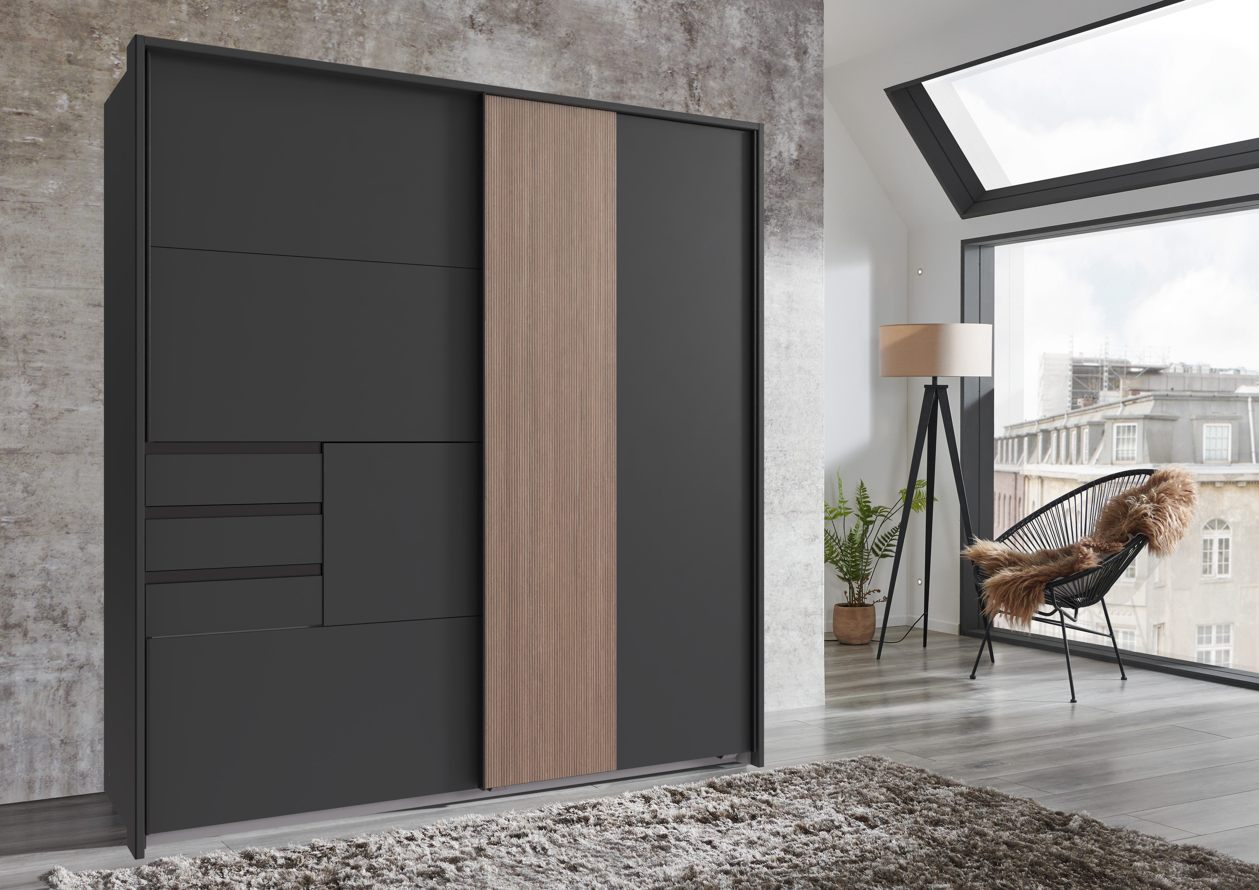 möbel-direkt.de Schwebetürenschrank Coburg in Grafit mit Multiplex-Optik (komplett, 1-St., Kleiderschrank) Made in Germany, Multiplex-Optik