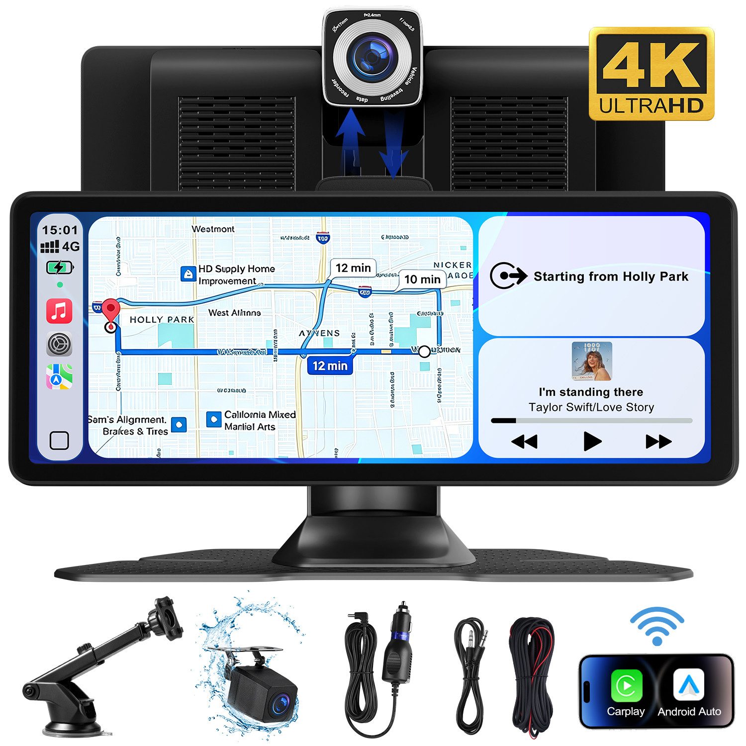 CkeyiN 10,26-Zoll-HD Tragbar Kabellos Android Carplay Autodisplay Touchscreen Navigationsgerät (4K-Frontkamera, Bluetooth, AUX, FM, Mirror Link, Siri)
