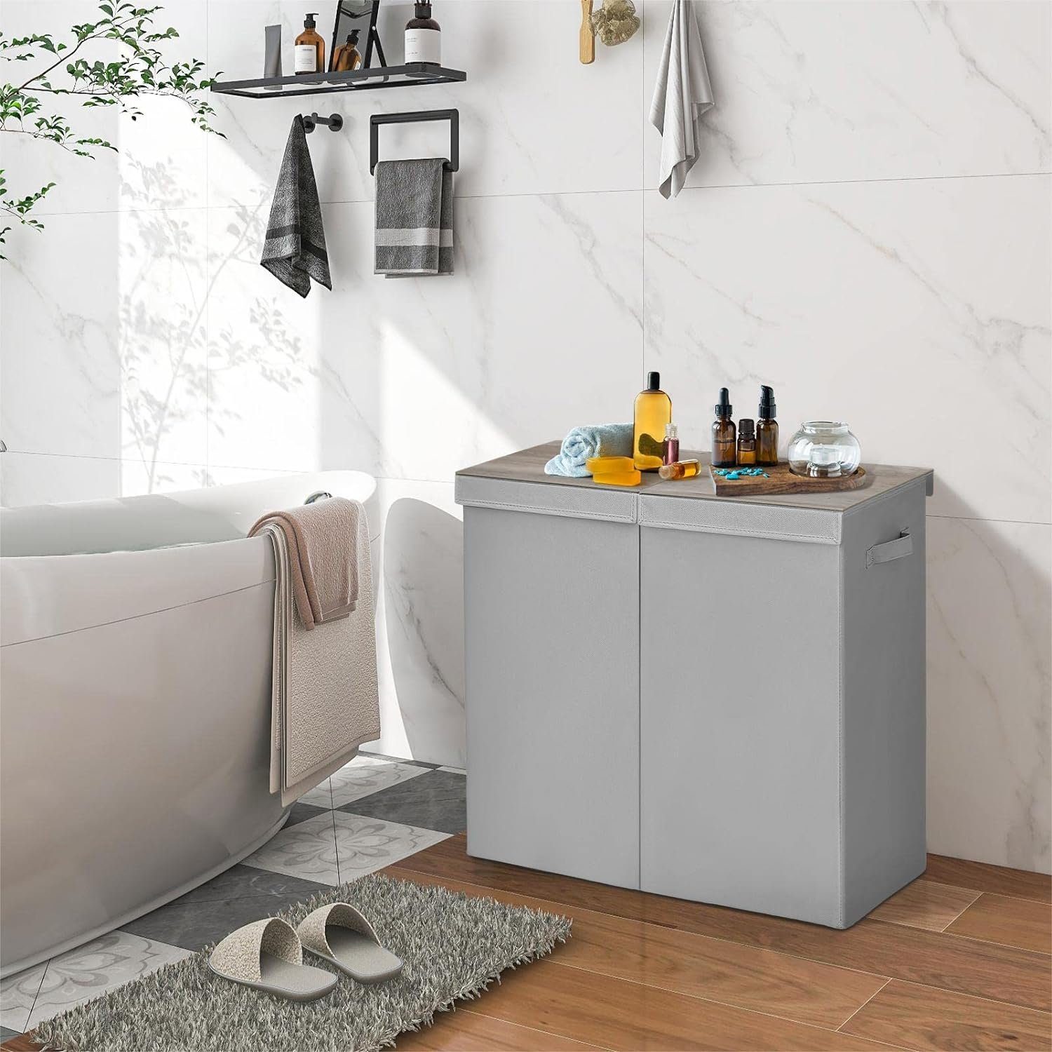 KOMFOTTEU Wäschekorb 2 Fächer, mit Deckel & Wäschesäcken, 62 x 31 x 60cm, 1 günstig online kaufen