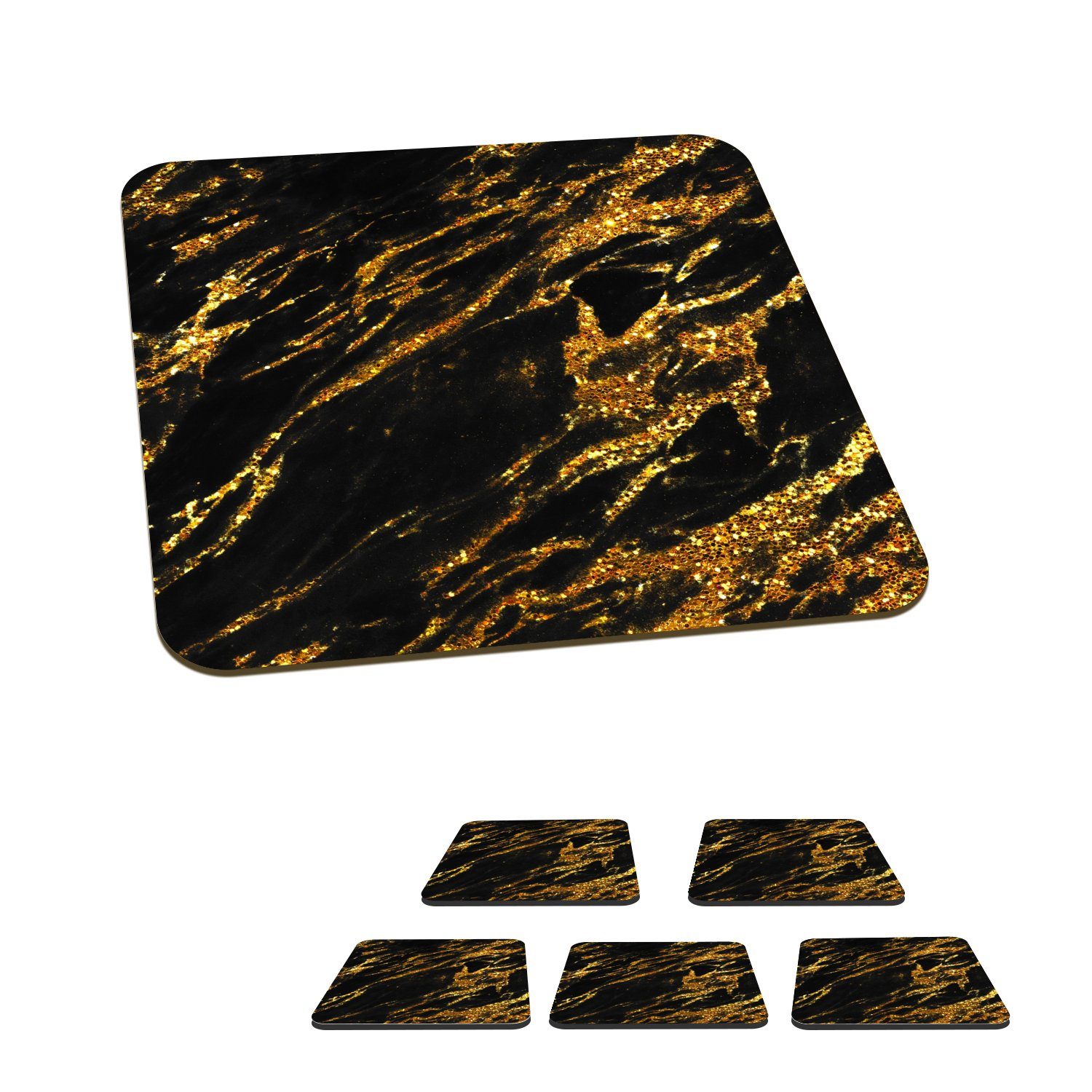 MuchoWow Glasuntersetzer Marmor - Gold - Schwarz - Glitter - Steine, Zubehör für Gläser, 6-tlg., Glasuntersetzer, Tischuntersetzer, Korkuntersetzer, Untersetzer, Tasse