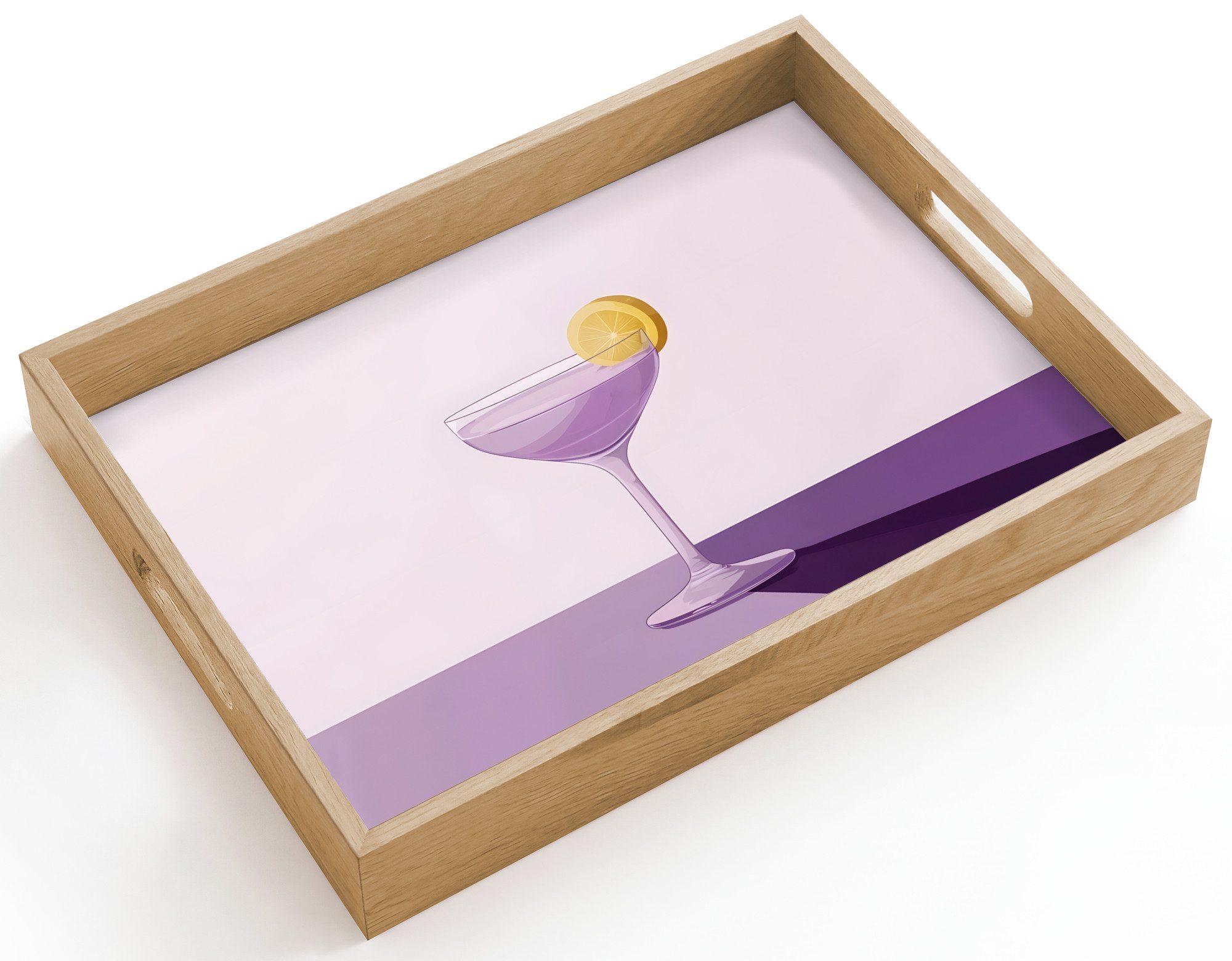 OnlyWow Tablett Rechteckig mit Henkel Cocktail - Lila - Minimalistisch - Zitrone, Eichenholz, (1-tlg), Siervierplatte, Tray, Frühstücksbrett