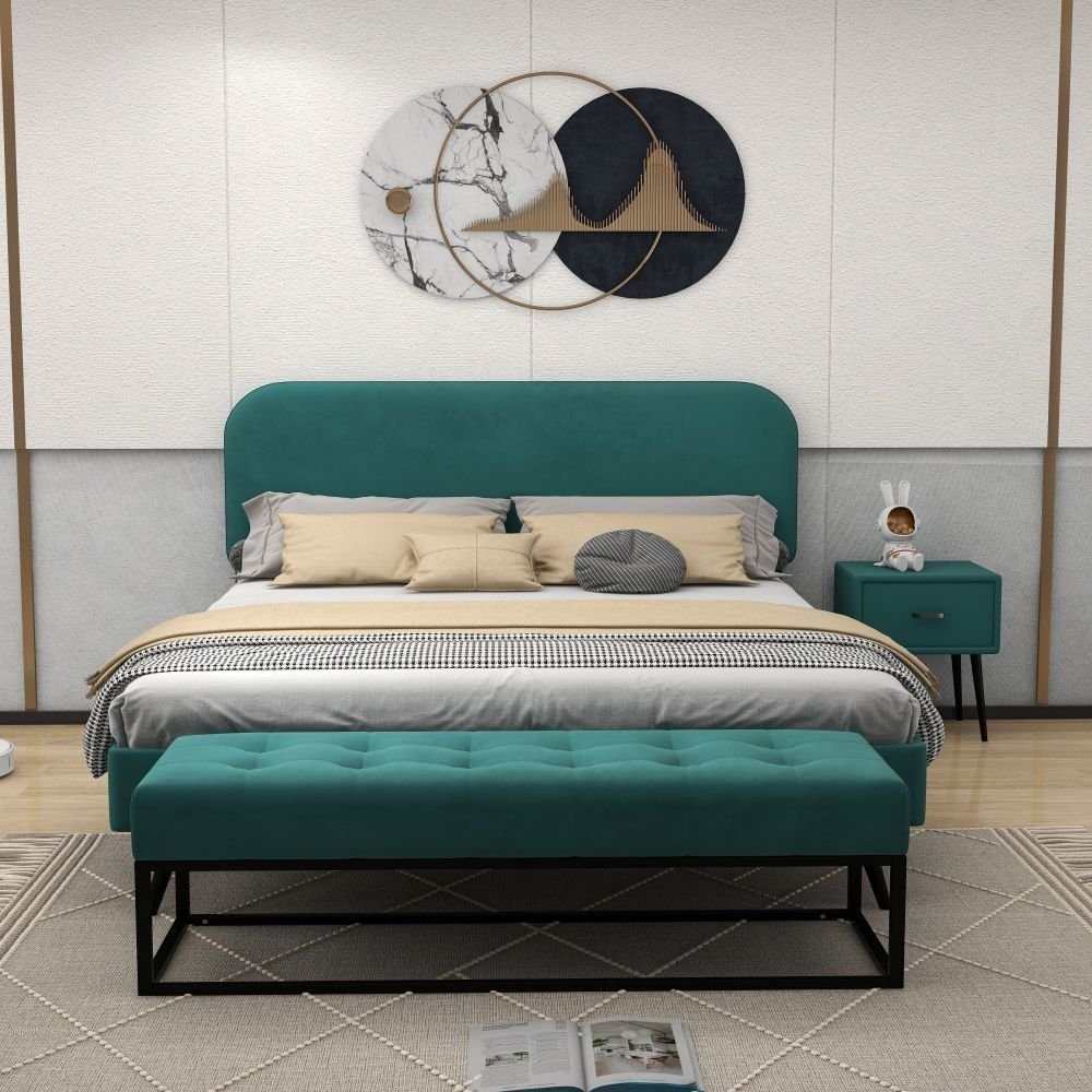 SIKAINI Einzelbett (140x200cm, Nachttisch mit einer Schublade), Modernes Design Doppelbett, 1x Nachttisch + Betthocker