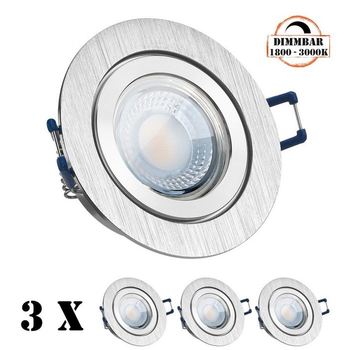 LEDANDO LED Einbaustrahler 3er IP44 LED Einbaustrahler Set extra flach in aluminium gebürstet mit 5W LED von LEDANDO - dimmbare Farbtemperatur 1800-3000K Warmweiß - 60° Abstrahlwinkel - 50W Ersatz - dimmbar - rund - Badezimmer