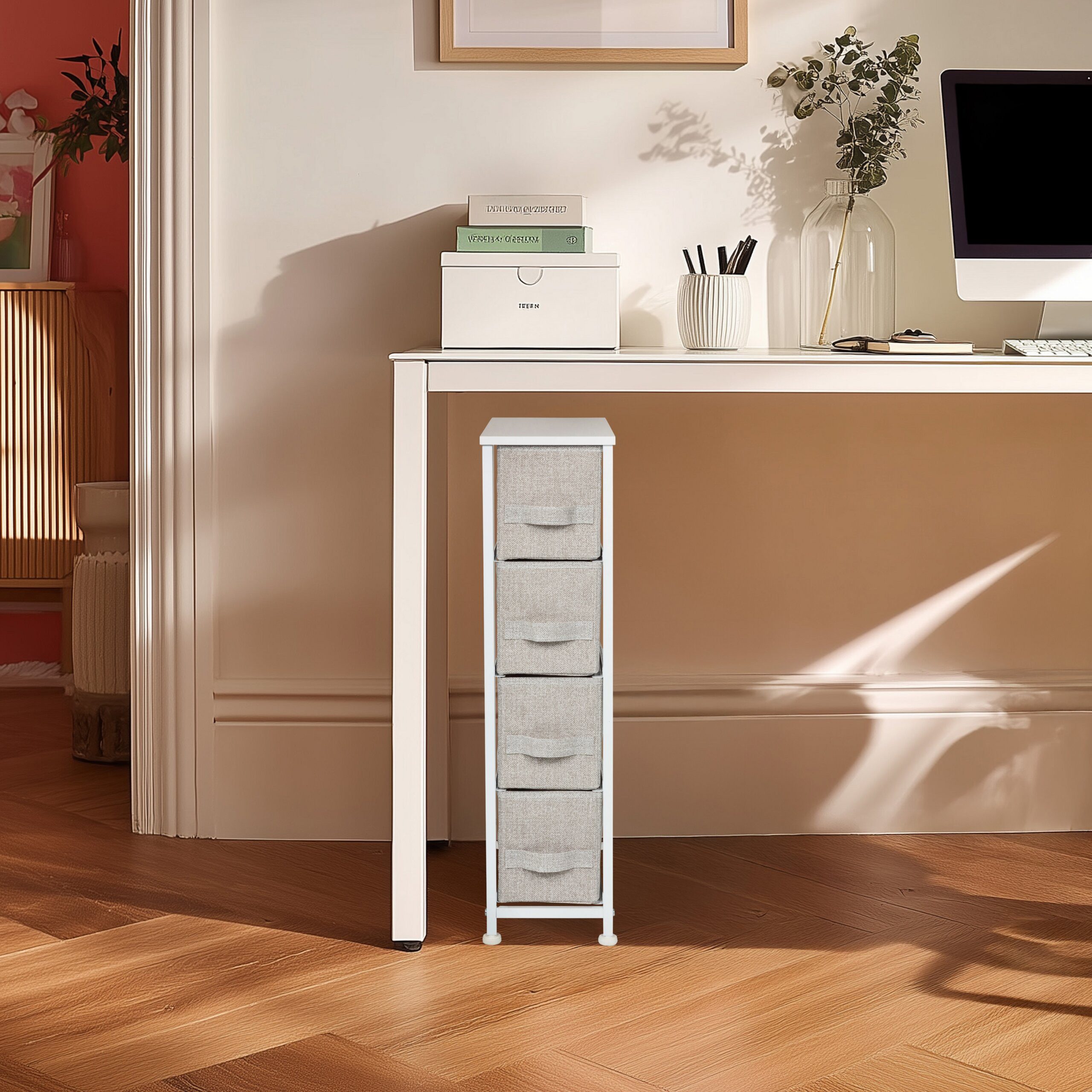 hjh LIVING Kommode FOLDRESS S Sideboard H/B/T: 76.0 x 20.0 x 48.0 cm, Schubladenkommode mit 4 Stoff-Schubladen, platzsparend, Holz-Ablage