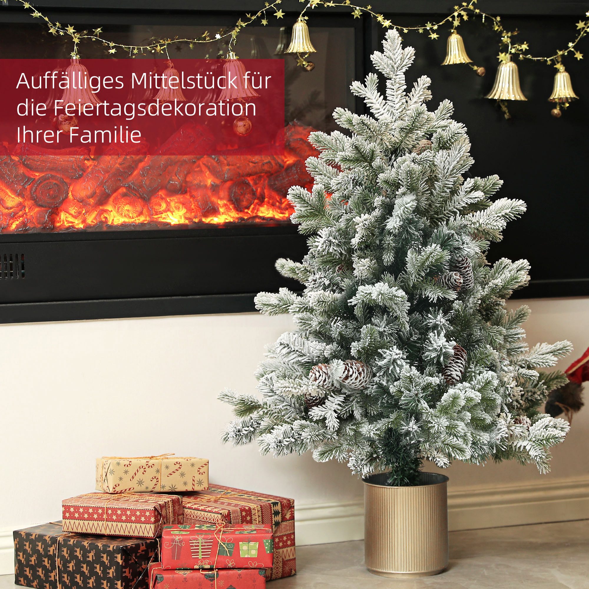 HOMCOM Künstlicher Weihnachtsbaum Tannenbaum mit Schnee, 130 Spitzen Christbaum mit Topf, Künstlicher Baum, für Weihnachten Deko, grün+gold – Bild 4 von 5