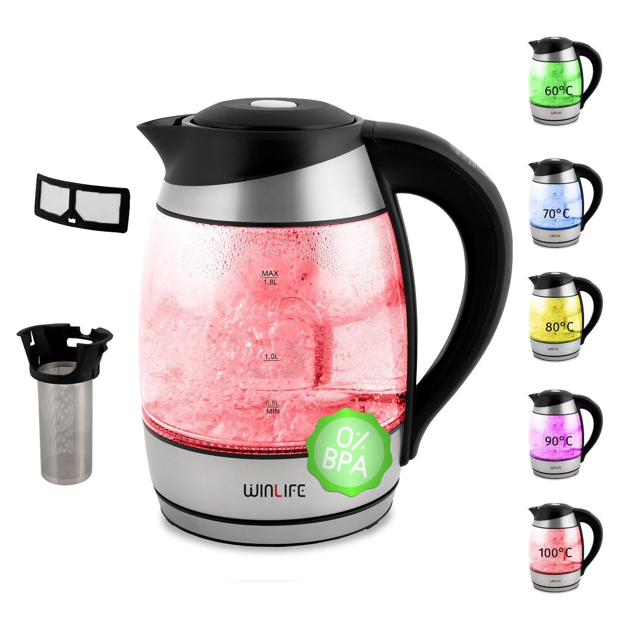 WINLIFE Wasserkocher Glaswasserkocher 1,8L Temperatureinstellung Temperaturwahl 60-100°C, 1.8 l, 2200.00 W, Glas Wasserkocher 2200 Watt mit LED-Temperaturanzeige & Teesiebeinsatz