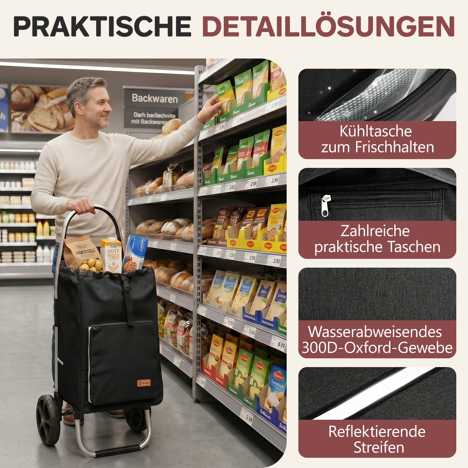 Sekey Einkaufstrolley Aluminium 2-in-1 Faltbar Einkaufstrolley Treppensteiger mit Kühltasche, 50 l Faltbar Einkaufsroller mit großen Rädern und Sackkarren-Funkt – Bild 5 von 5
