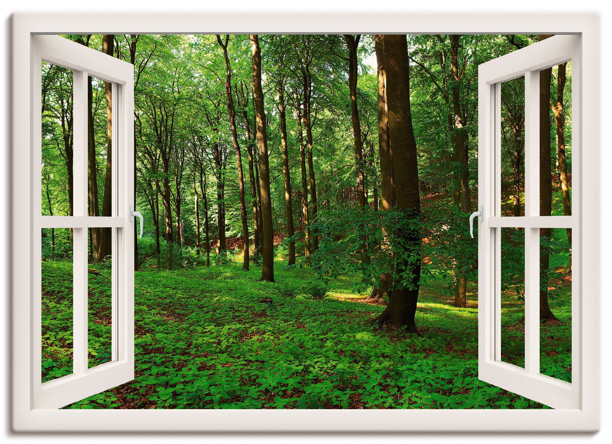Artland Wandbild Fensterblick Panorama grüner Sommerwald, Fensterblick (1 St), als Leinwandbild, Wandaufkleber oder Poster in versch. Größen