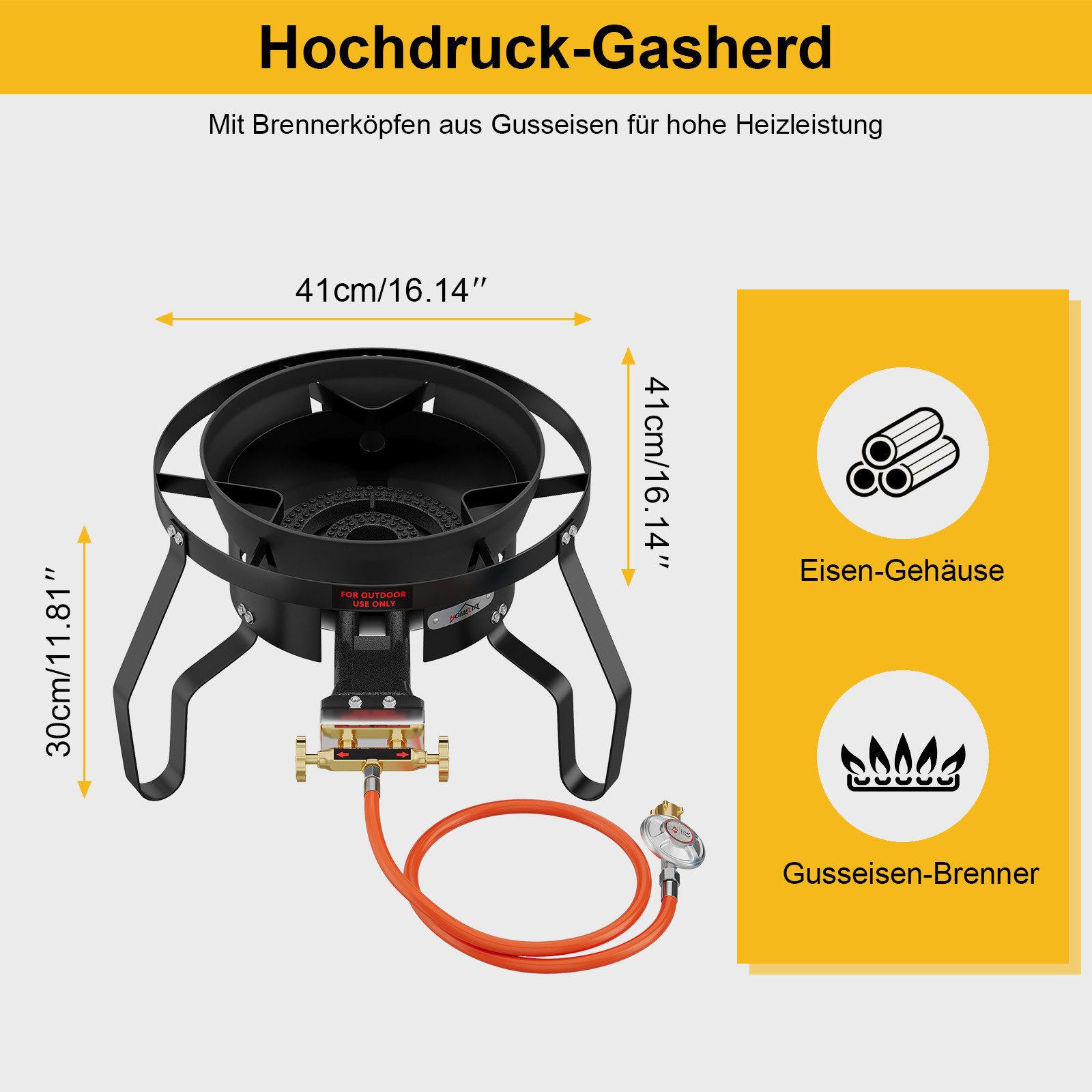 HOMELUX Gaskocher Gas-Hockerkocher 11,5 kW mit Piezozündung, (3-St., mit Schlauch 150 cm und 700 mbar Gas Regler Druckminderer), 3 Bein Profi Gasbrenner Gusseis – Bild 2 von 5