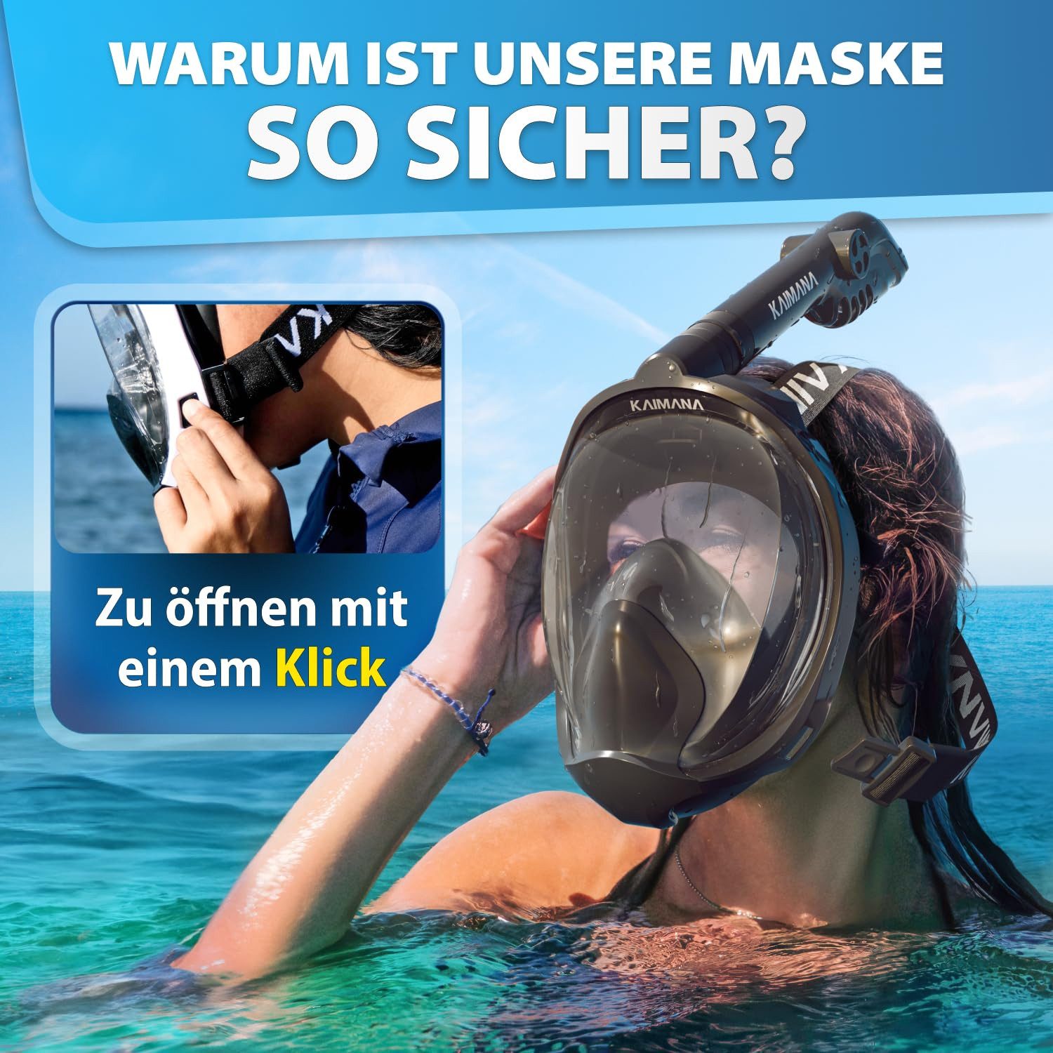 KAIMANA Tauchermaske NEUHEIT- Schnorchelmaske für Erwachsene inkl. Tragetasche, (Vollgesichtsmaske Tauchmaske), geprüfte CO₂ Sicherheit - Tauchermaske Erwachsene