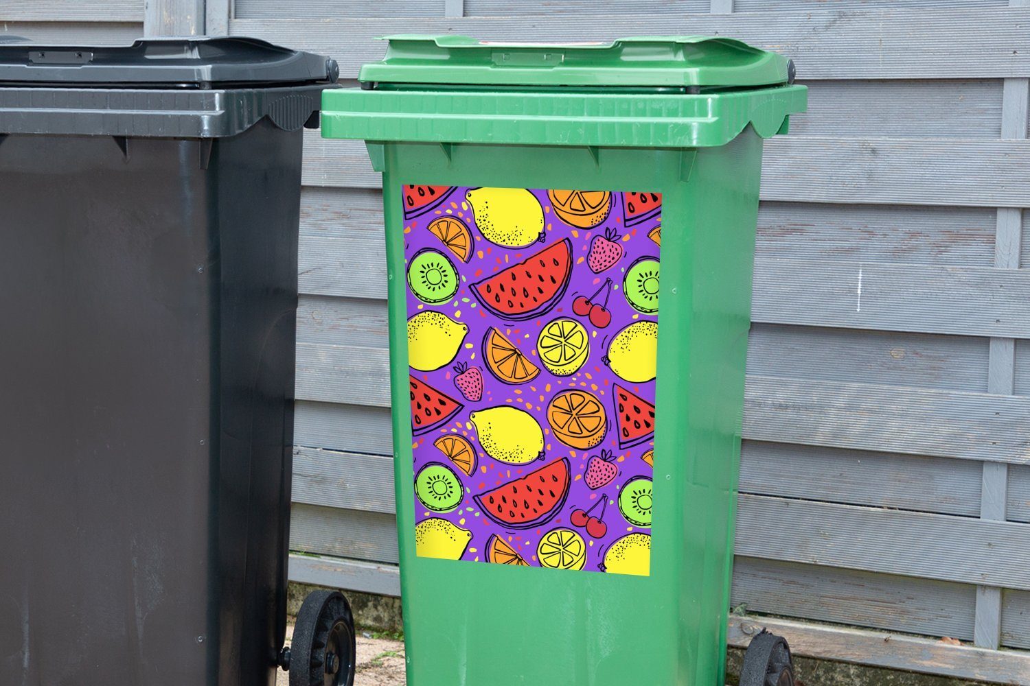 MuchoWow Wandsticker Neon - Obst St), Lila Container, Mülltonne, (1 Abfalbehälter Sticker, - Mülleimer-aufkleber
