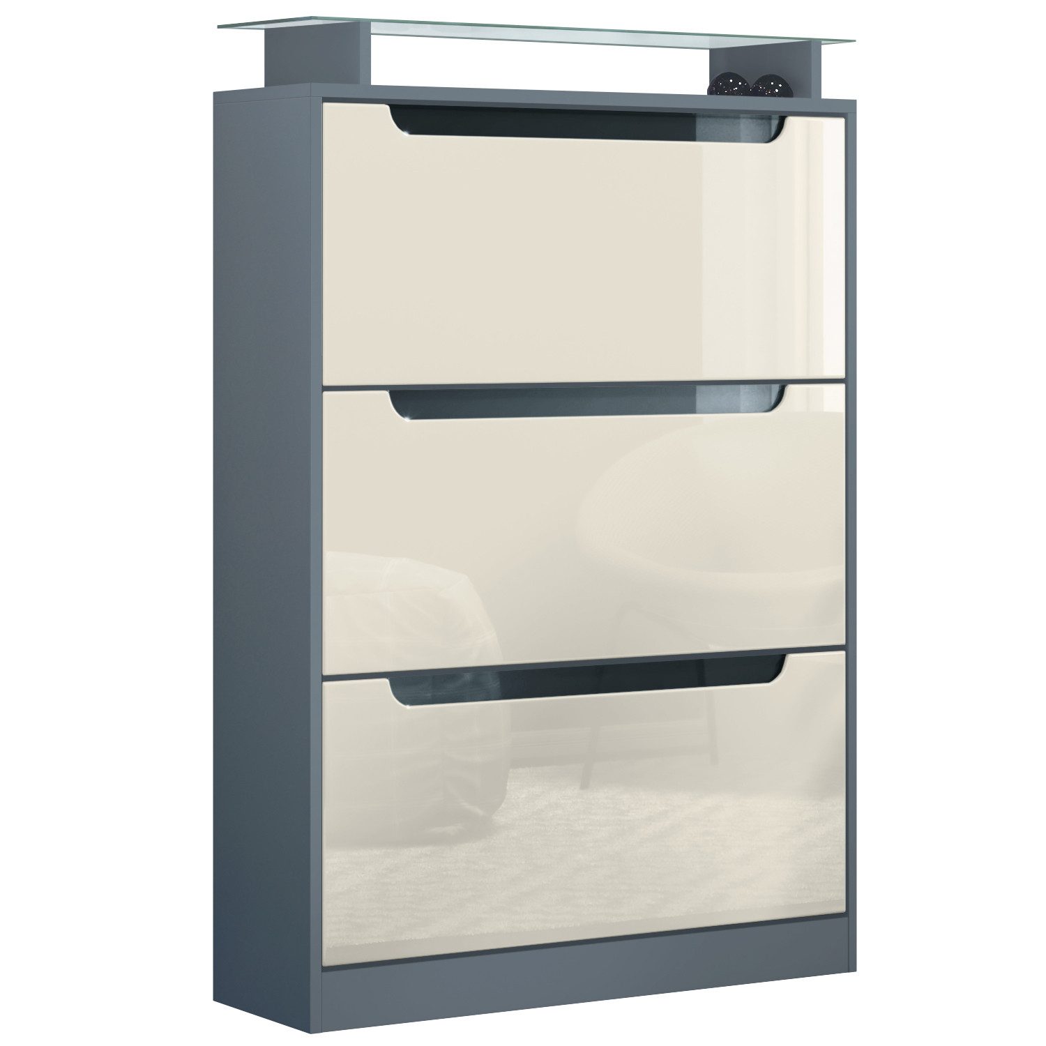 Vladon Schuhschrank Space (Schuhkipper, für 24 Paar Schuhe mit 3 Klappen und Glasablage) Anthrazit matt/Creme Hochglanz (89 x 128 x 23 cm)