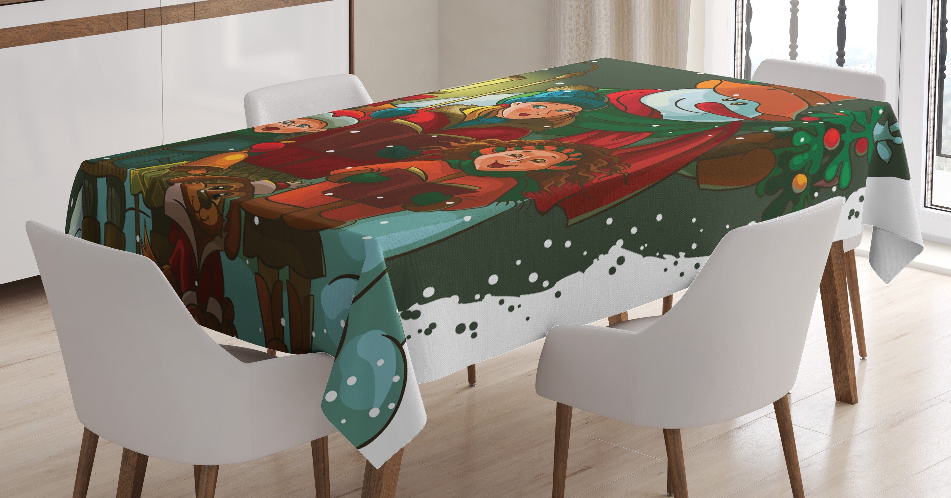 Abakuhaus Tischdecke Farbfest Waschbar Für den Außen Bereich geeignet Klare Farben, Schneemann Weihnachtscarolers Singen