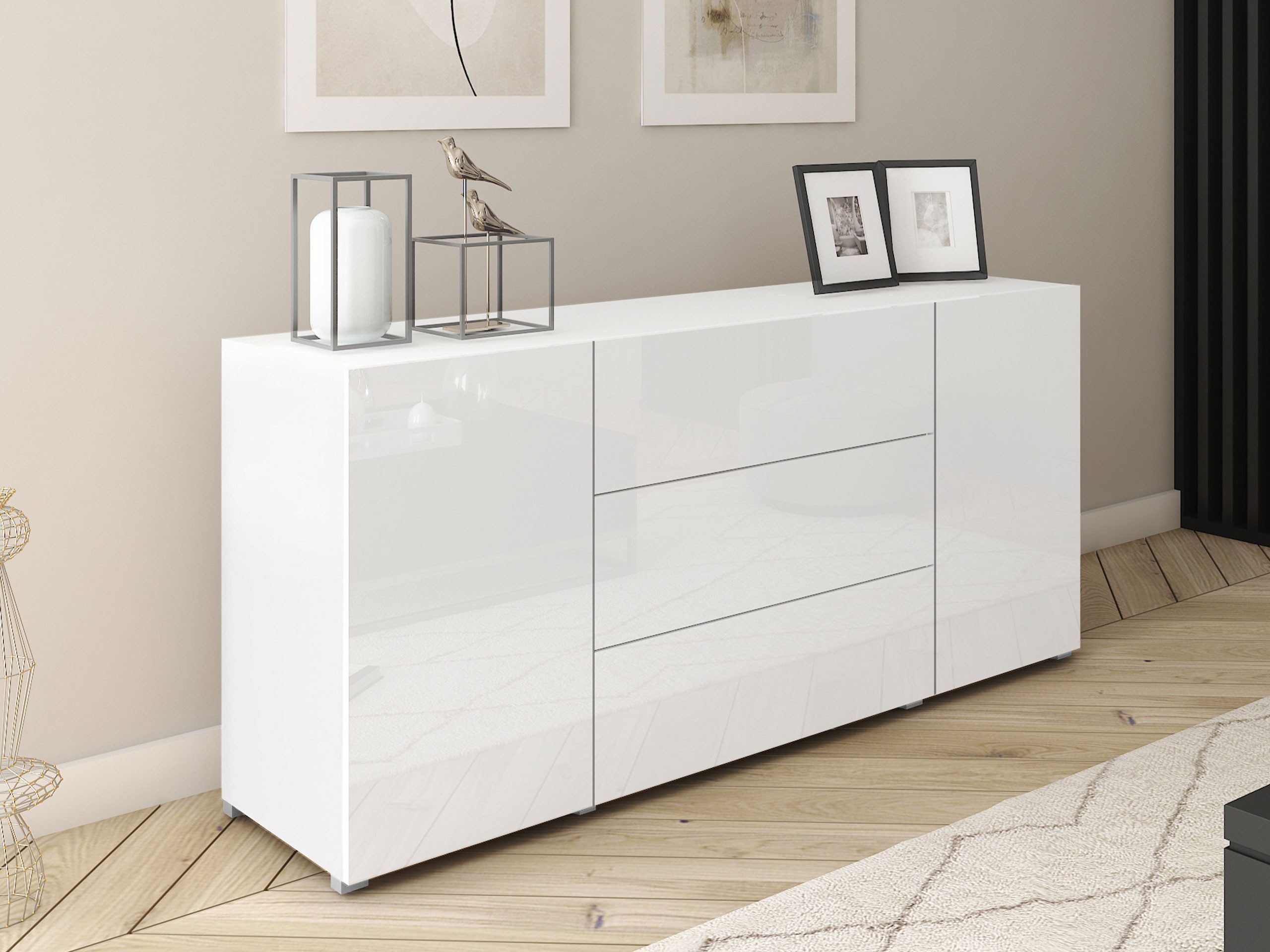 MIRJAN24 Kommode Berlin 150 (mit zwei Drehtüren und drei Schubladen), 150x39x68 cm, Rollgleitschienen