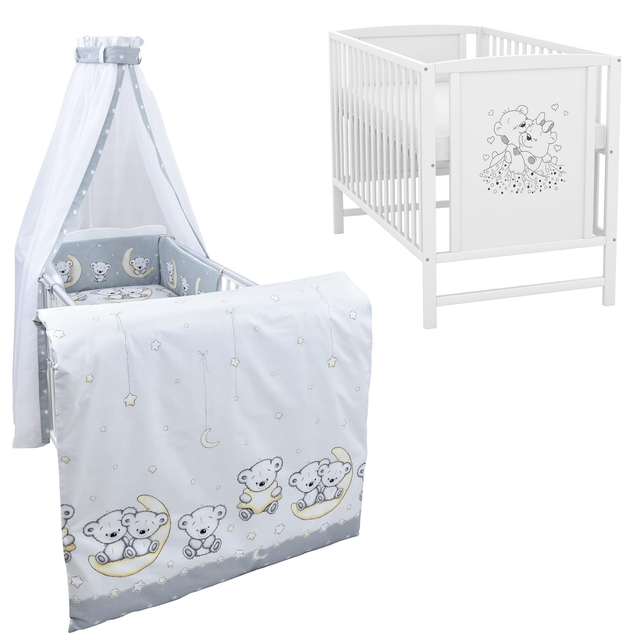 Baby-Delux Komplettbett Babybett Mia Komplettset Waffelpique, 10-tlg., Kinderbett 60x120 cm weiß, Bettset verschiedene Designs