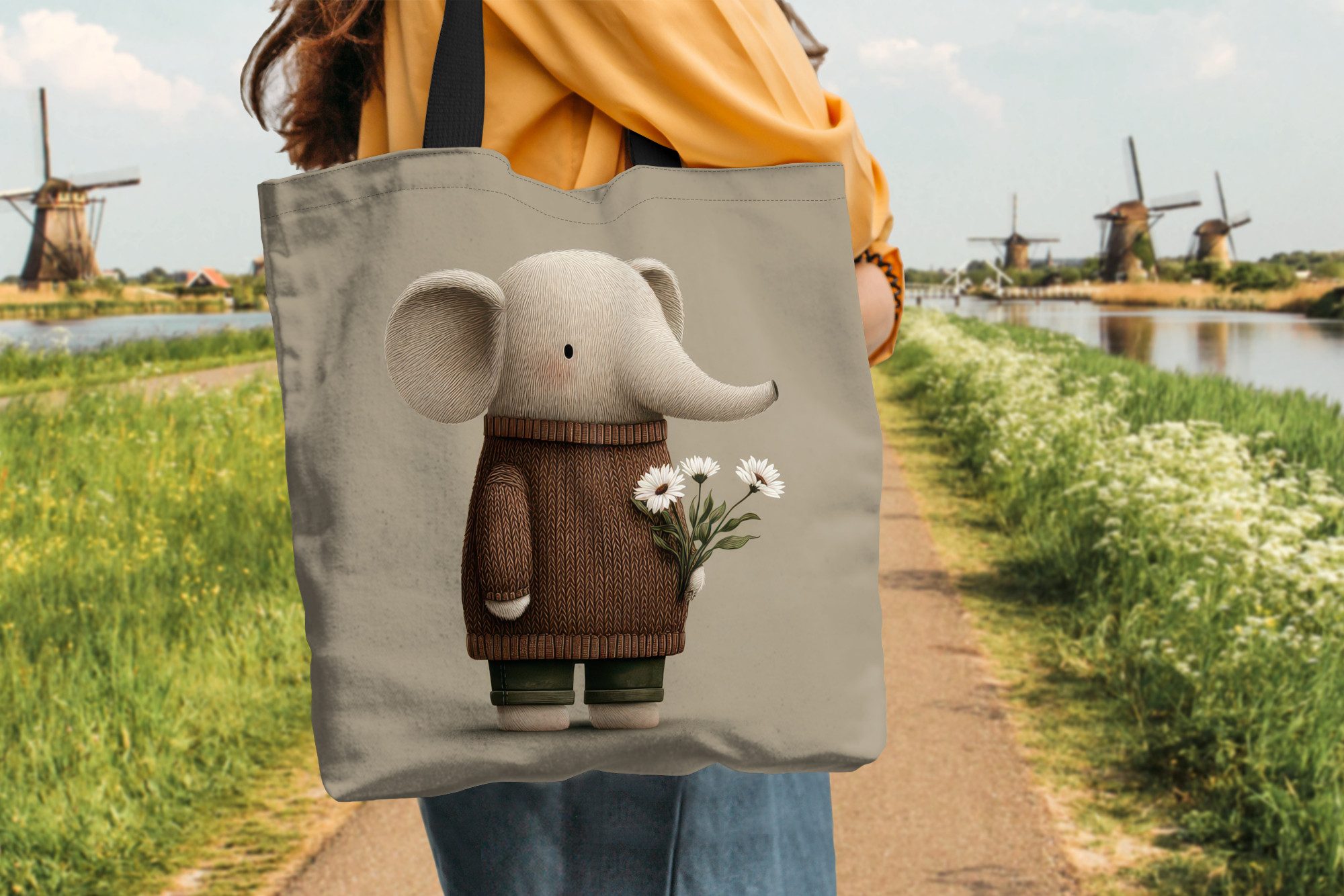MuchoWow Shopper Elefant - Weiße Blumen - Kinderfreundlich, Handtasche, Damen und Herren, Schultertasche, Umhängetasche, Tote Bag