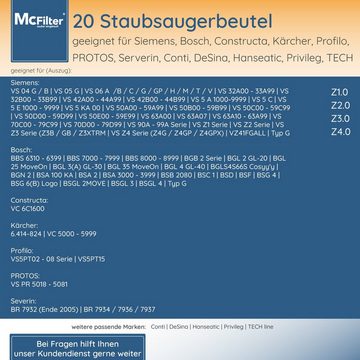 McFilter Staubsaugerbeutel (20 Stück) passend zu Siemens VZ41FGALL, passend für Siemens VS06B1110 synchropower Staubsauger (Serie VS 06), 20 St., 5-lagiger Staubbeutel mit Hygieneverschluss, inkl. Filter