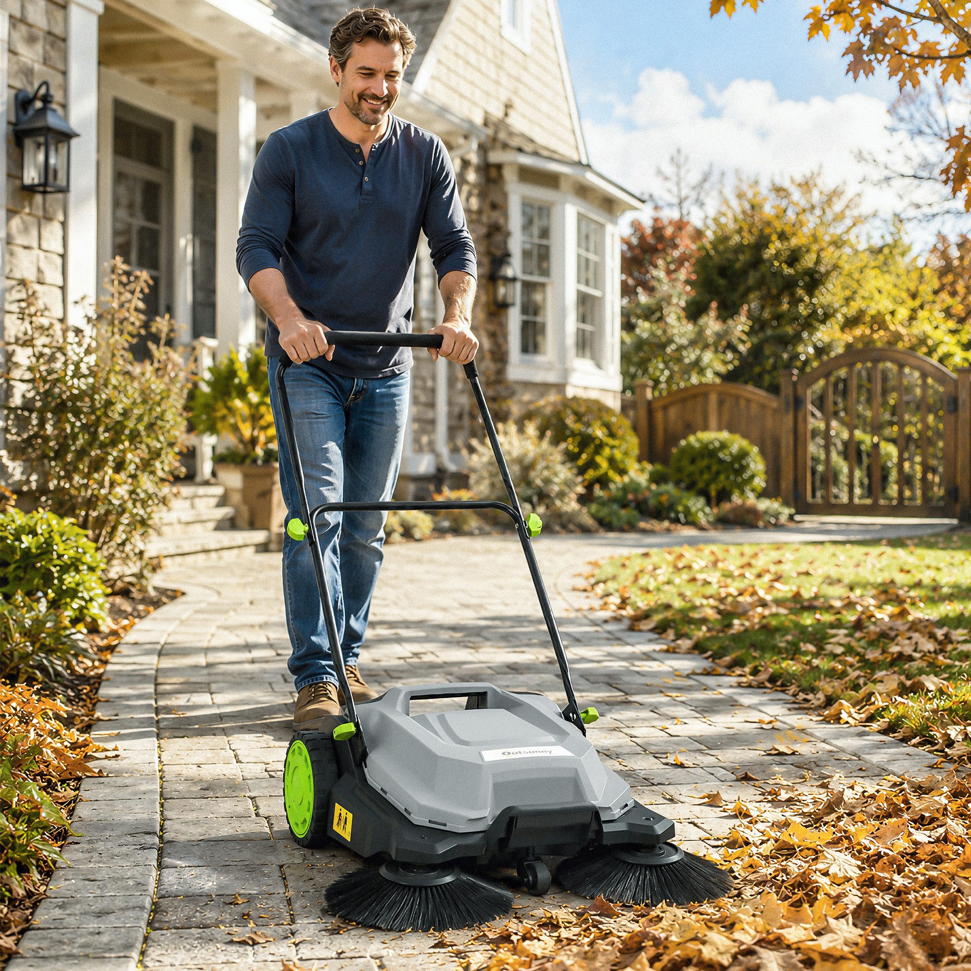 Outsunny Handkehrmaschine mit 24 L Schmutzbehälter, Höhenverstellbar klappbar Griff, 68 cm Arbeitsbreite, (Set, 1-St., Kehrmaschine), effektives 3-Bürsten-Kehrsystem