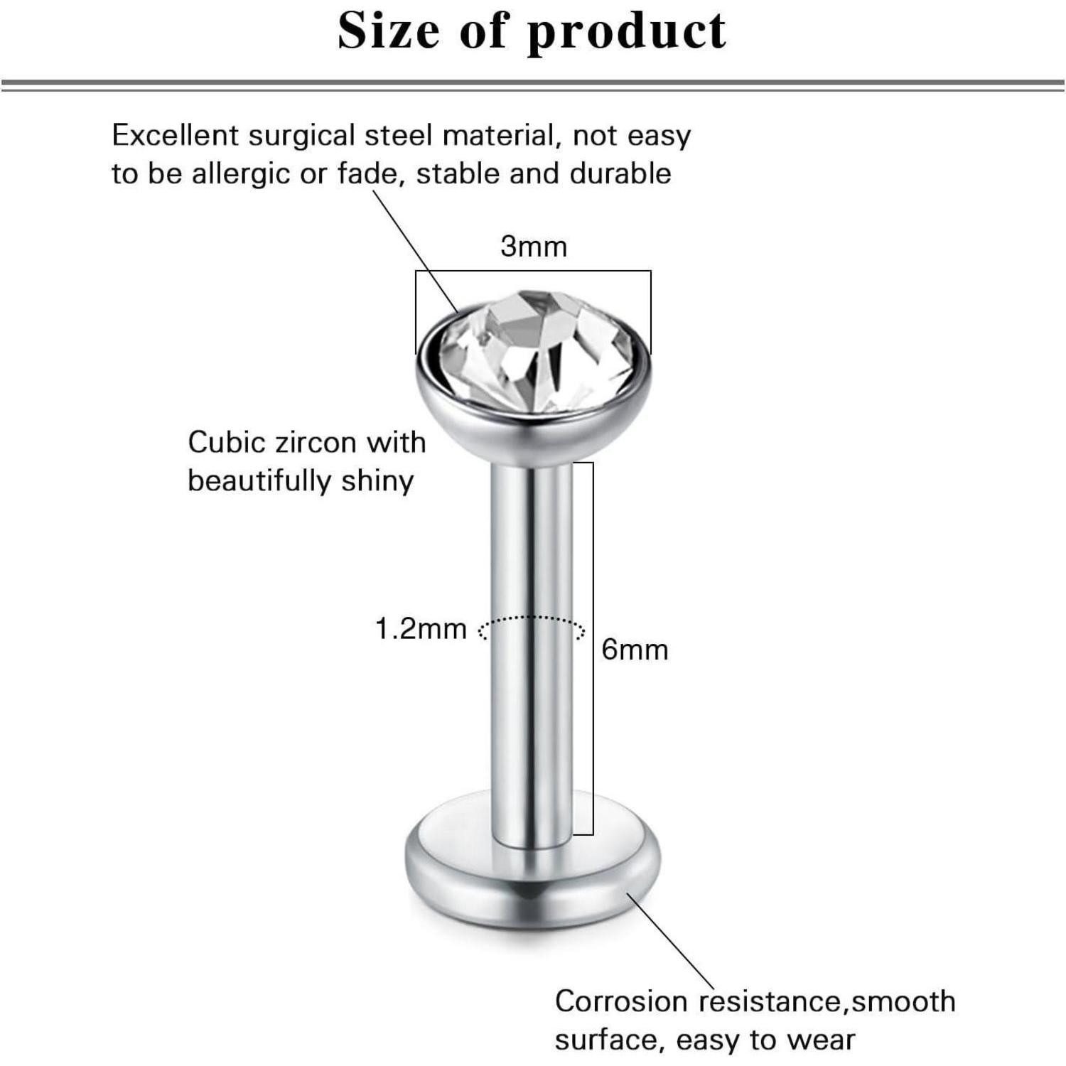 LAURITAMI Piercing-Set Helix Piercings Chirurgenstahl 1.2mm 6mm Tragus Ohrring Kristall