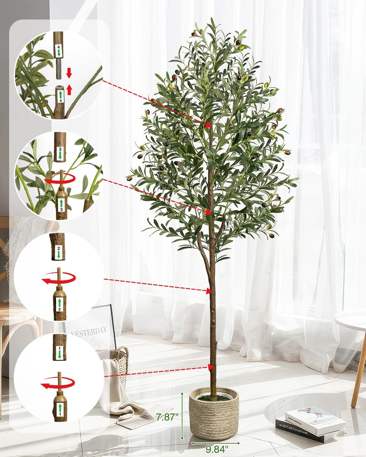 Kunstbaum 180 cm Olivenbaum Künstlich im Topf mit Korb – Kunstpflanze Olivenbaum, SURFOU, Höhe 180 cm, Formbare Zweige mit Metalldraht, dekorative Früchte, pfle – Bild 2 von 5