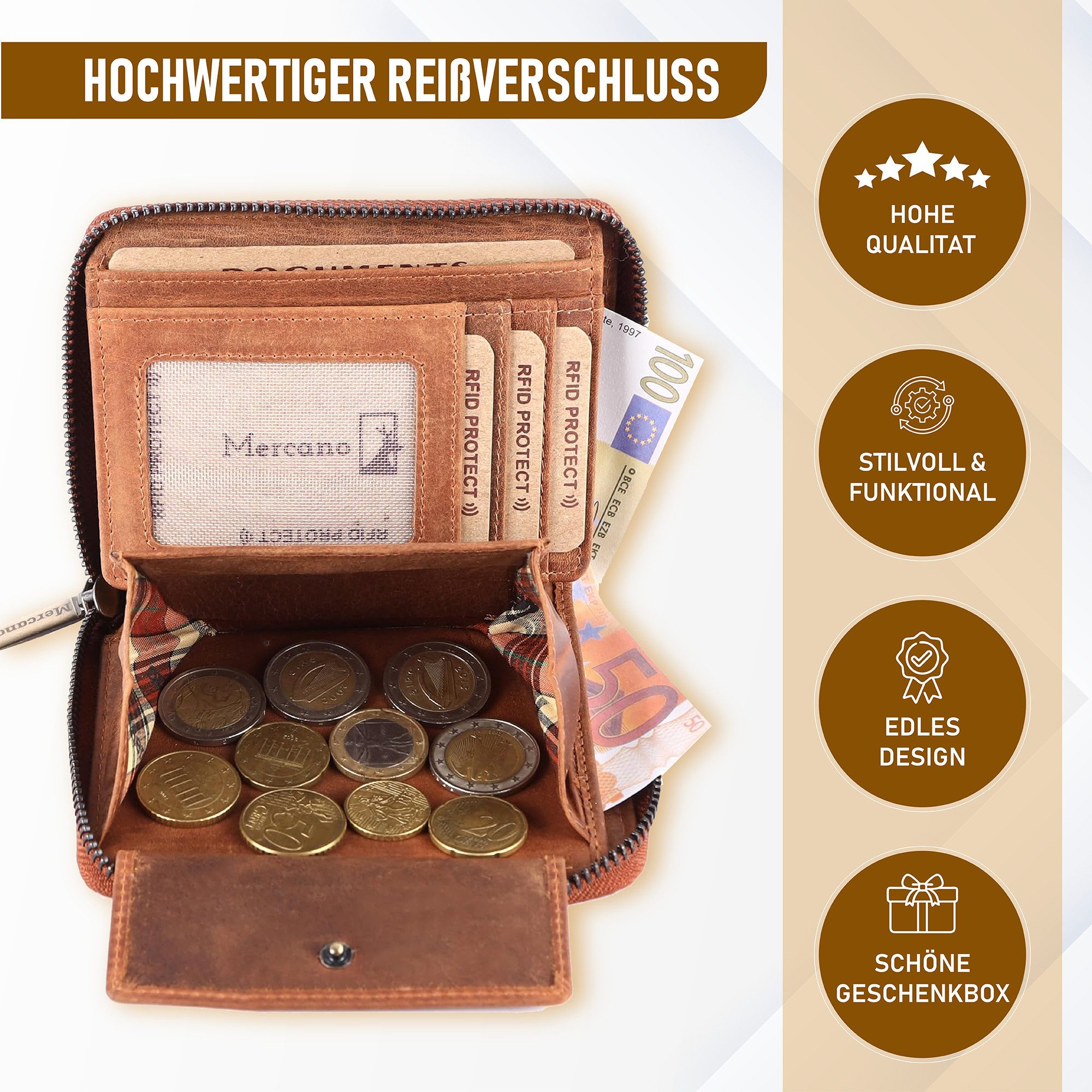 Mercano Geldbörse Klein mit Reißverschluss (inkl. Geschenkbox), 6 Kartenfächer, RFID-Schutz, Vintage-Leder, Kompaktformat (13 × 10 cm)