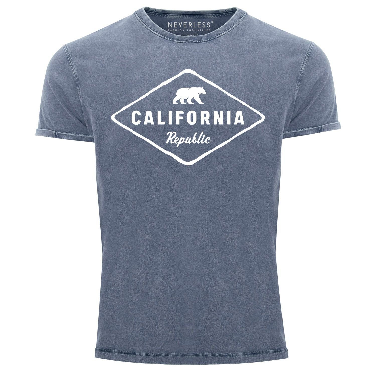Neverless Print-Shirt Herren Vintage Shirt California Republic Bear Badge Bär Sunshine State USA Printshirt T-Shirt Aufdruck Neverless® mit Print blau