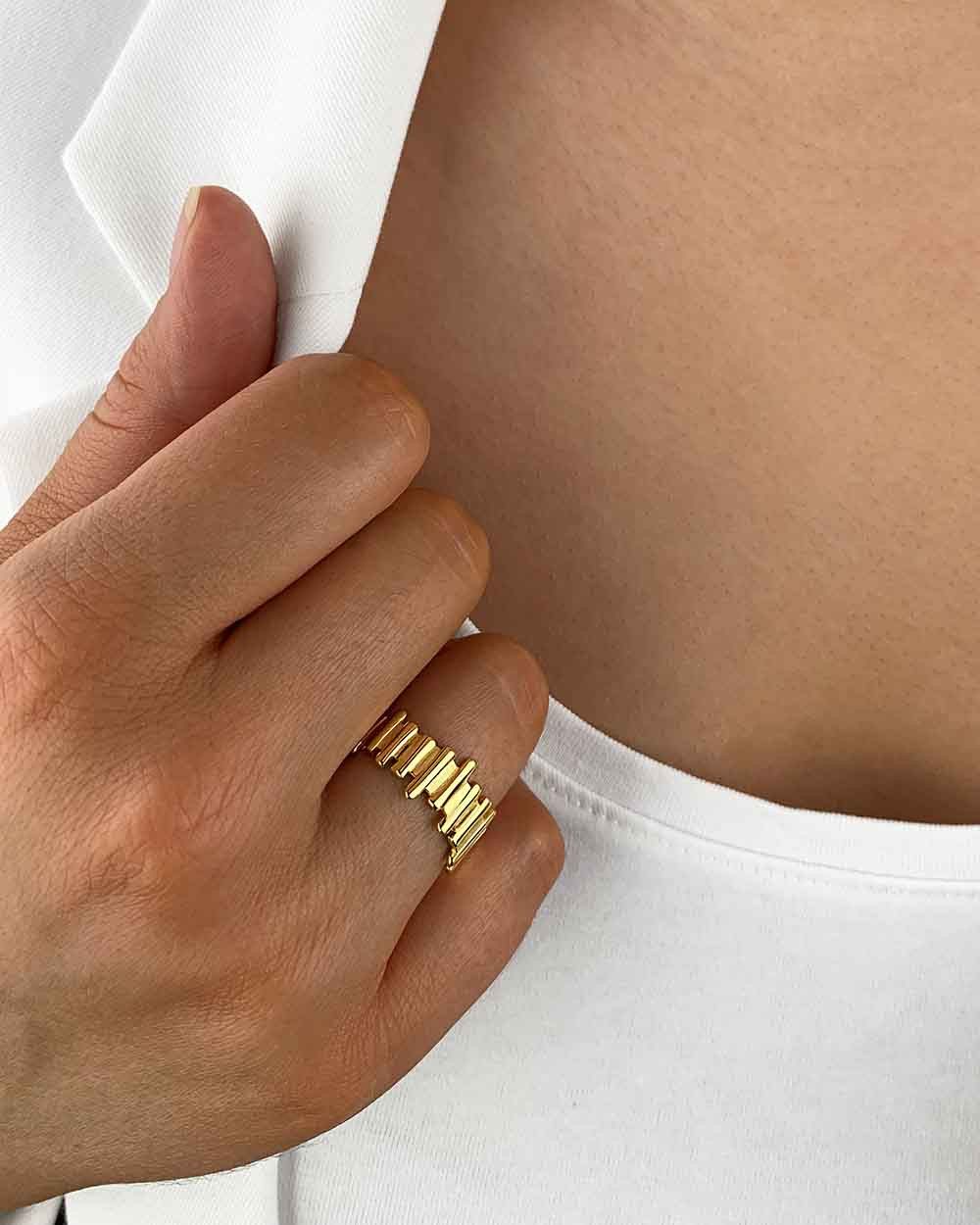 DANIEL CLIFFORD Silberring 'Brenda' Damen Ring Silber 925 14 Karat vergoldet, größenverstellbar (inkl. Verpackung), Goldring mit asymmetrischer Form und glanzvoller Oberfläche