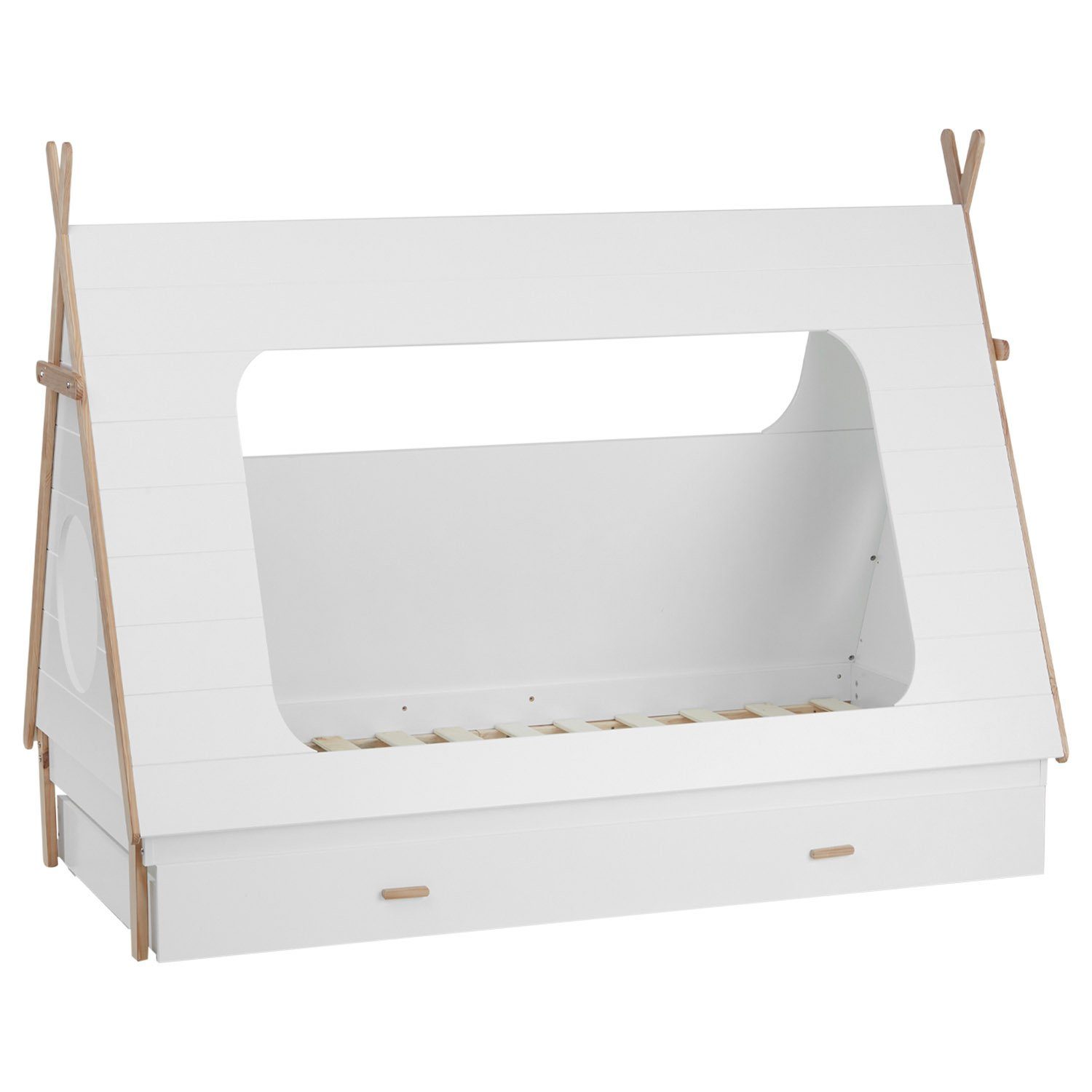 Homestyle4u Hausbett 90x200 TIPI Bett Kinderbett Weiß Kinderzimmer (Set, Set, mit Lattenrost und Bettkasten/Schublade, Rausfallschutz), mit Stauraum (Bettkasten/Schublade)