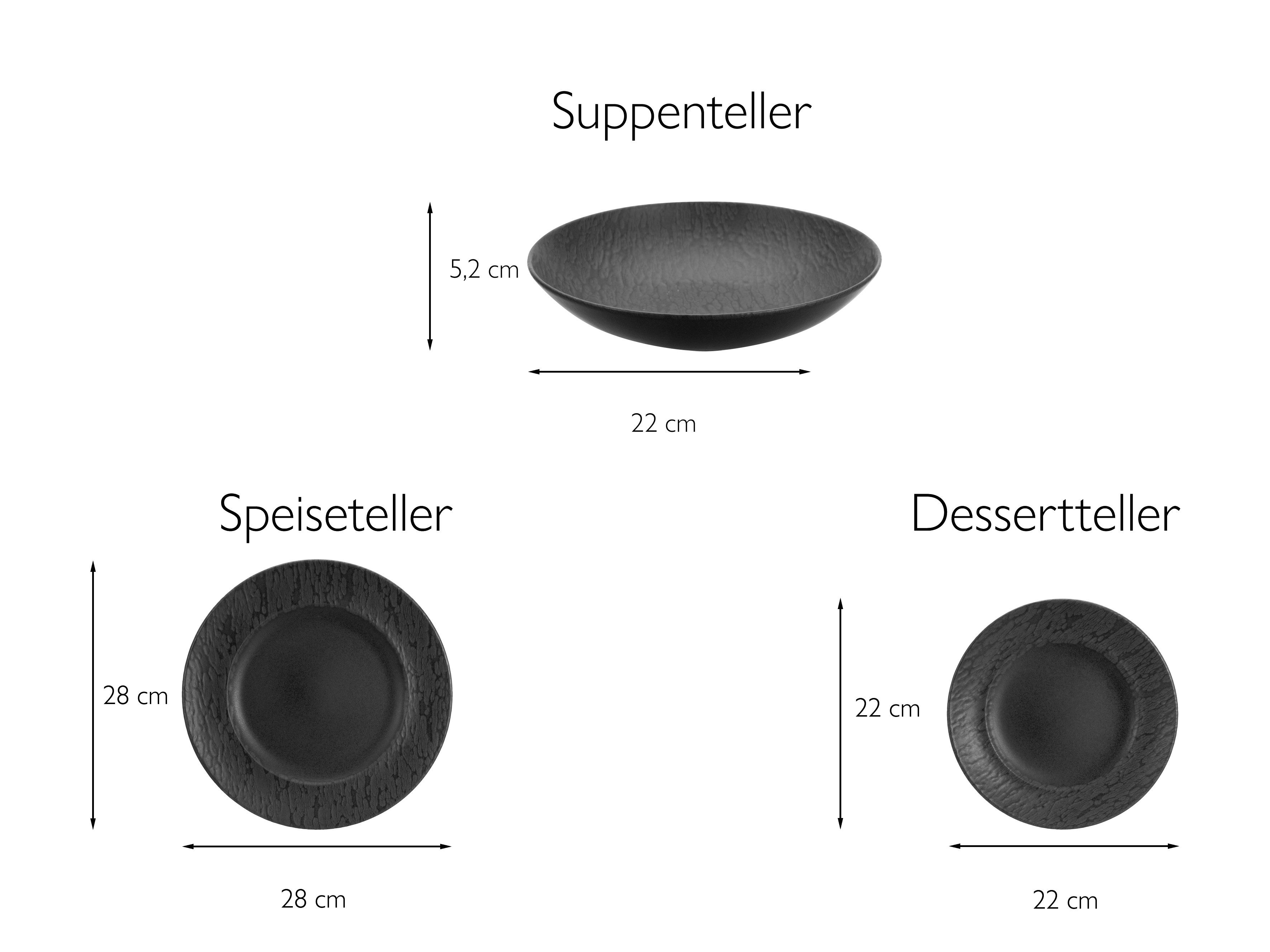 CreaTable Teller-Set Geschirr-Set Schiefer (12-tlg), 4 Personen, Steinzeug, Service, schwarz, schieferoptik, 12 Teile, für 4 Personen