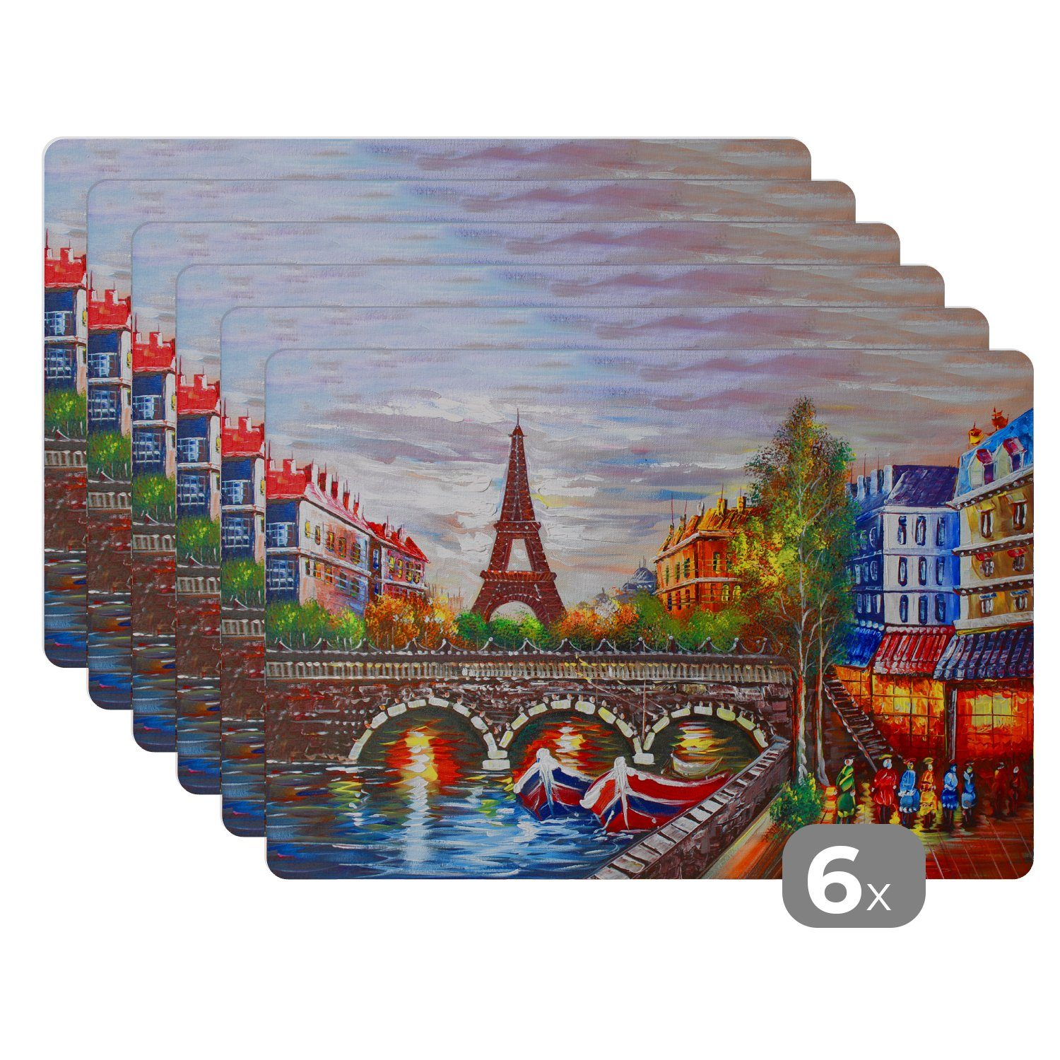 Platzset, Gemälde - Öl - Eiffelturm - Paris - Wasser, MuchoWow, (6-St), Platzset, Platzdecken, Platzmatte, Tischmatten, Schmutzabweisend | Tischsets