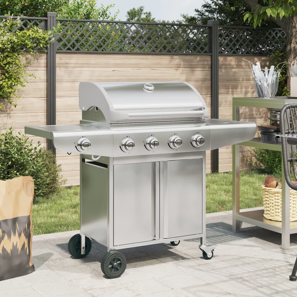 vidaXL Gasgrill, Gasgrill mit 5 Flammen Silbern Edelstahl