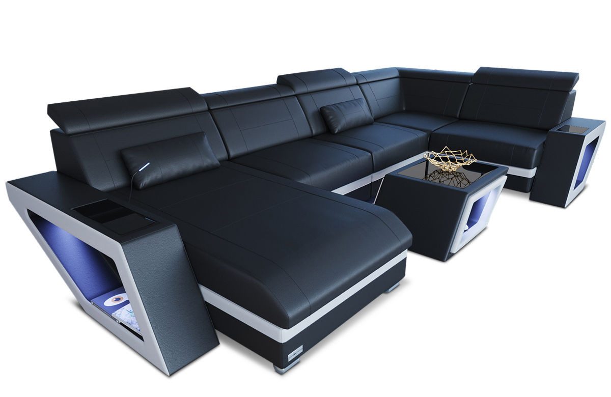 Sofa Dreams Wohnlandschaft Ledersofa Catania U Form Mini, Designersofa, Sofa mit Licht und USB