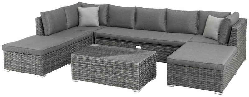 KONIFERA Gartenlounge-Set New York, (21-tlg., 1x 3er AZ-Sofa, 1x Ecke, 1x Sessel, 1x Ottomane mit Staufach, 1x Tisch), Tisch 110x65 cm, Aluminium,Polyrattan,individuell stellbar,10 Personen