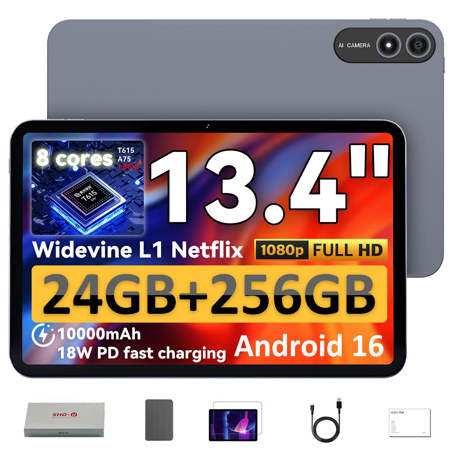 SHOU 13,4",Android 16, 10000 mAh,256 GB mit Tablet-Hülle/Displayschutzfolie Tablet (13.4", 256 GB, Android 16, WiFi, 10000 mAh, Gemini AI, inklusive Tablet-Hülle und Displayschutzfolie)