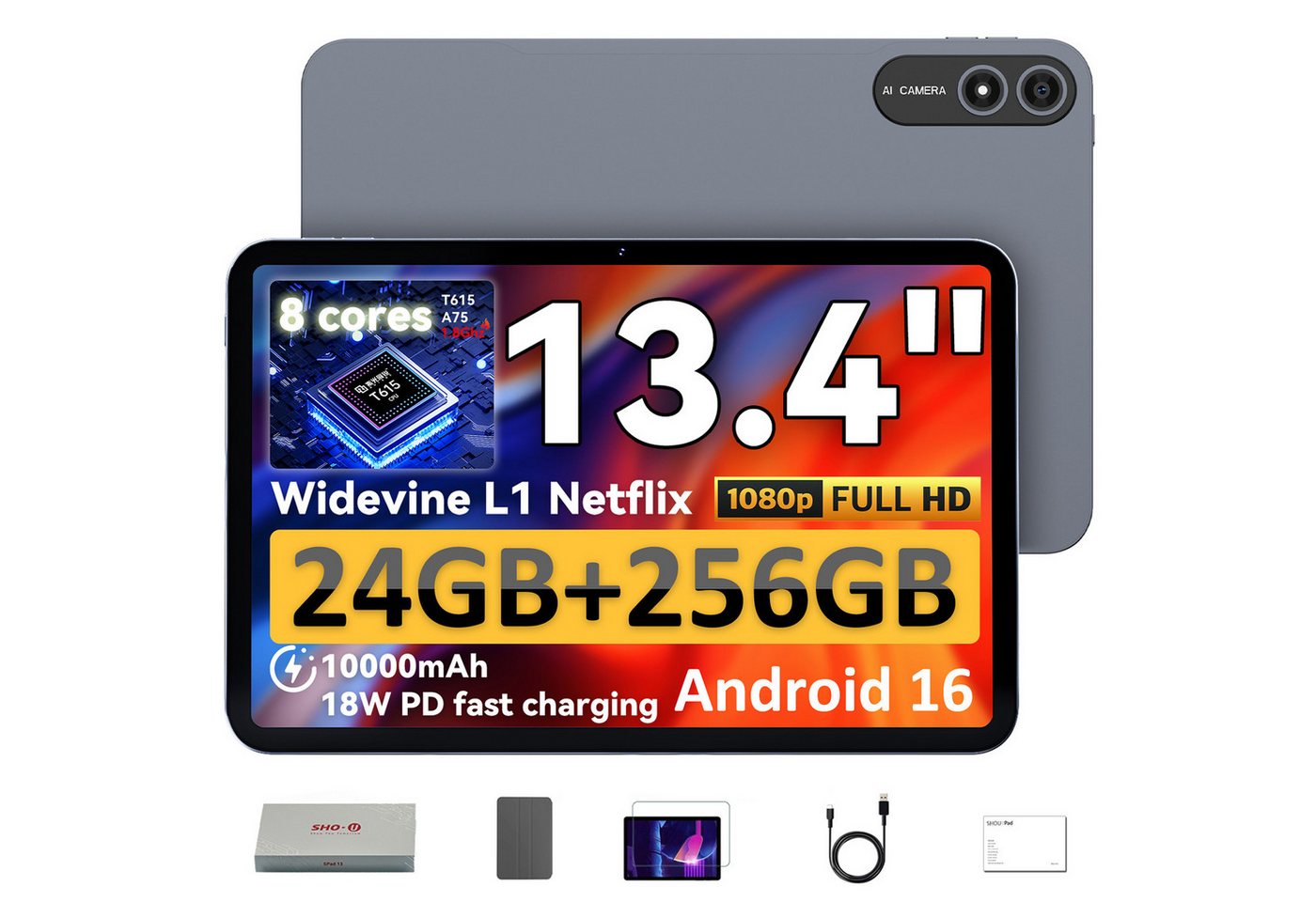 SHOU 13,4",Android 16, 10000 mAh,256 GB mit Tablet-Hülle/Displayschutzfolie Tablet (13.4", 256 GB, Android 16, WiFi, 10000 mAh, Gemini AI, inklusive Tablet-Hülle und Displayschutzfolie)