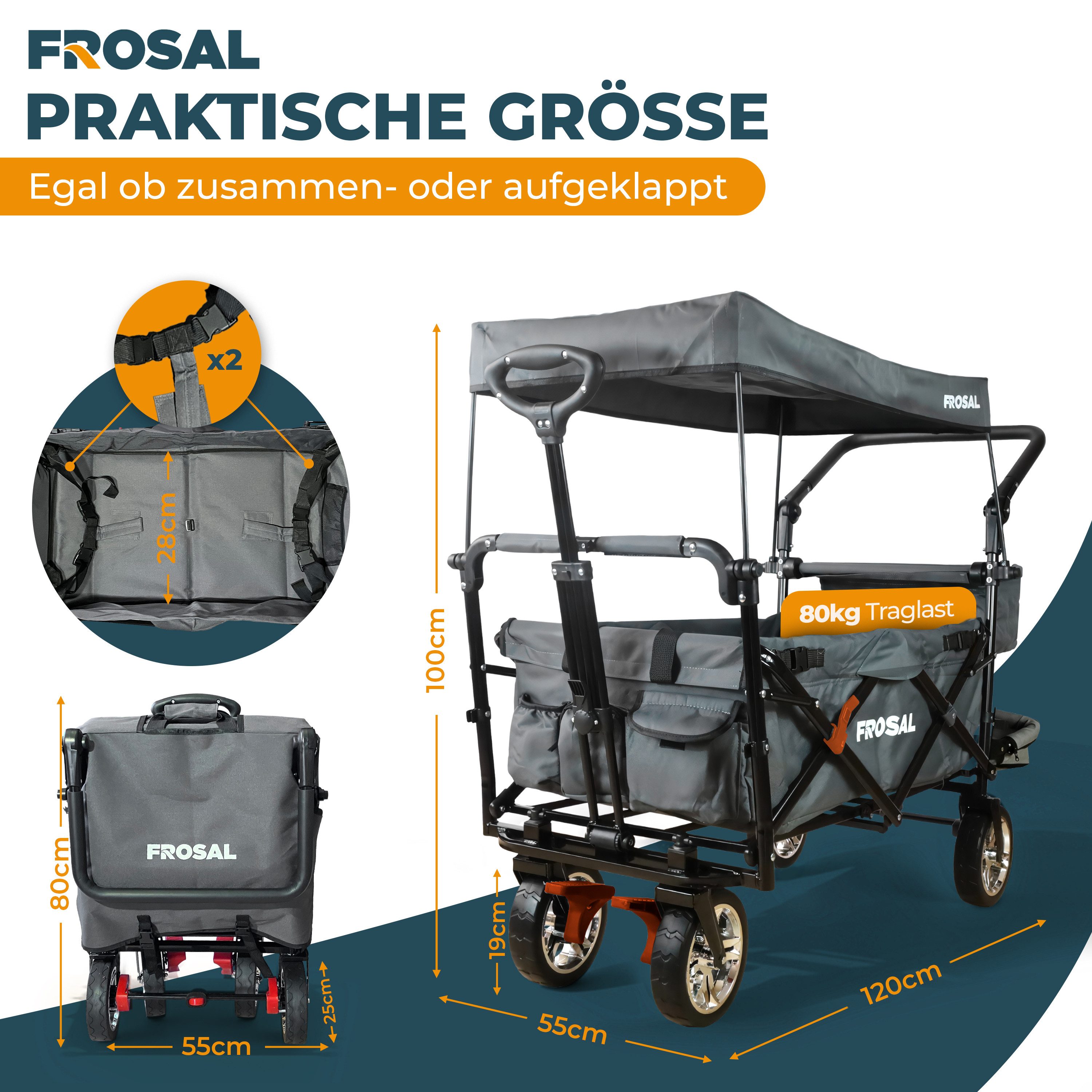 Frosal Bollerwagen Leo mit Sonnendach und Stauraumerweiterung faltbar, grau faltbar