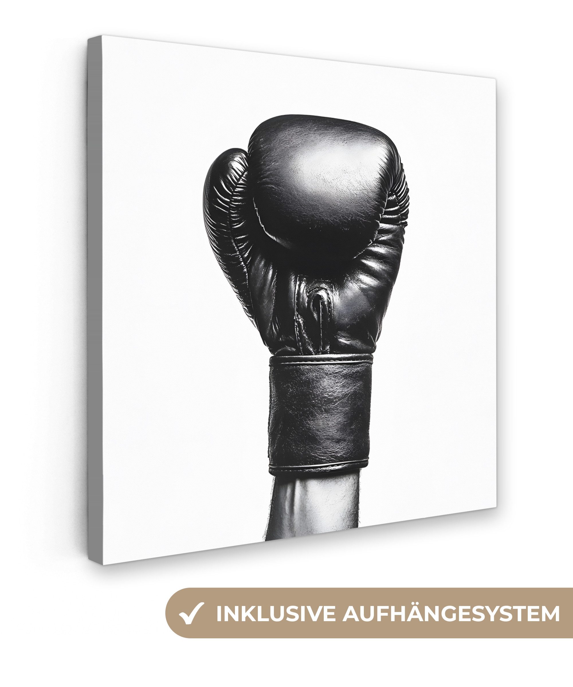 OneMillionCanvasses® Leinwandbild Boxhandschuh - Schwarz - Hand, Fotodruck (1 St), Leinwandbild, Wandbilder Schlafzimmer 90x90 cm
