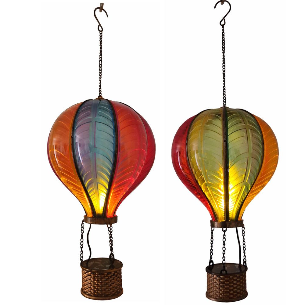 Expo Börse LED Solarleuchte, LED-Leuchtmittel fest verbaut, Warmweiß, Solar Heißluftballon Hängelampe LED Garten Flammeneffekt 2er Set