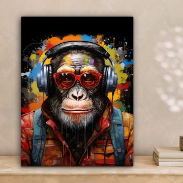 OneMillionCanvasses® Leinwandbild Schimpanse - Affe - Tiere - Graffiti - Brillen - Kopfhörer - Farben, (1 St), Leinwand Bilder für Wohnzimmer Schlafzimmer 30x40 cm