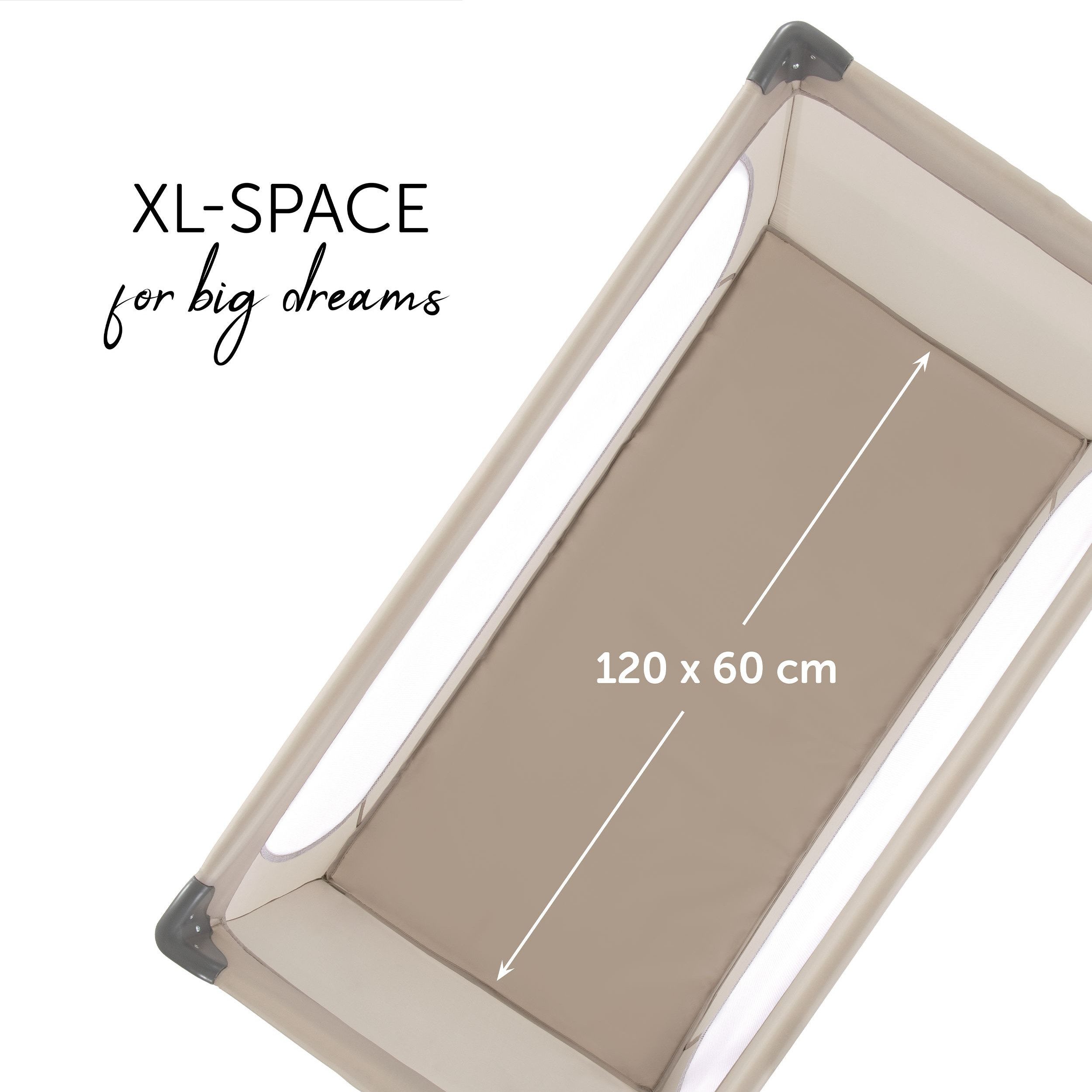 Hauck Baby Travel Cot Dream'n Play - Beige 120x60, Children's travel cot with mattress (6 cm high), mosquito net & foldable bag