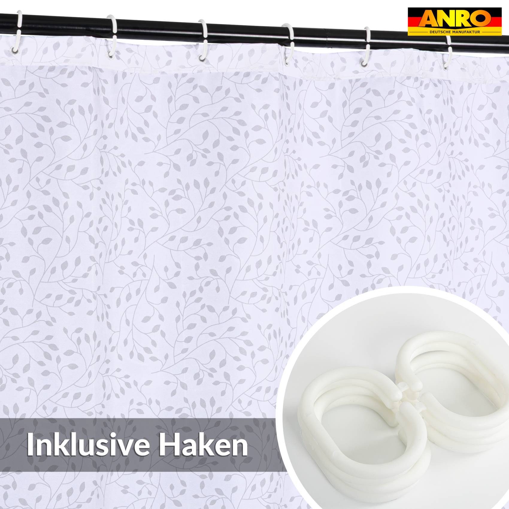 ANRO Duschvorhang FASTY Blätter Zweig Anti-Schimmel Polyester Badewanne Vorhang Breite 120 cm (Packung, 1-tlg., Duschvorhang inkl. Aufhängeringe), robuster Vorhang Stangenaufhängung 120x200cm Blätterornament Grau